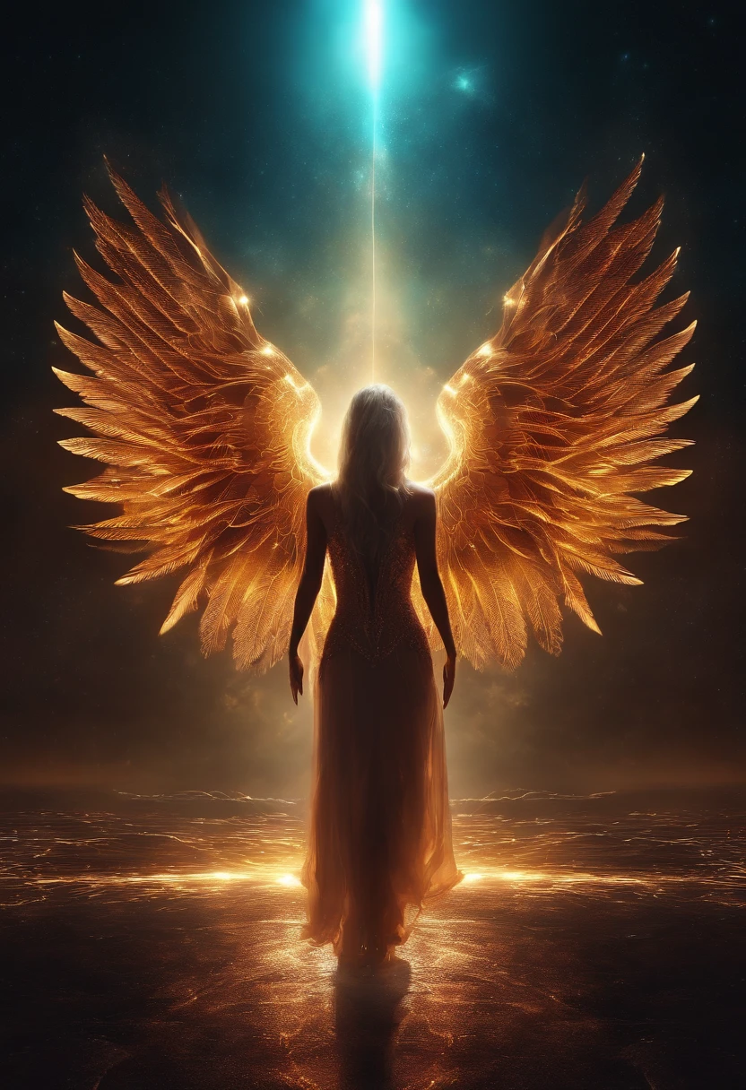 Fallen Angels of the Universe, glowing light eyes, biomechanical, eery, creepy, nightmarish, Very bright colors, light Particle, with light glowing, Musif, Wallpaper Art, UHD Wallpapers