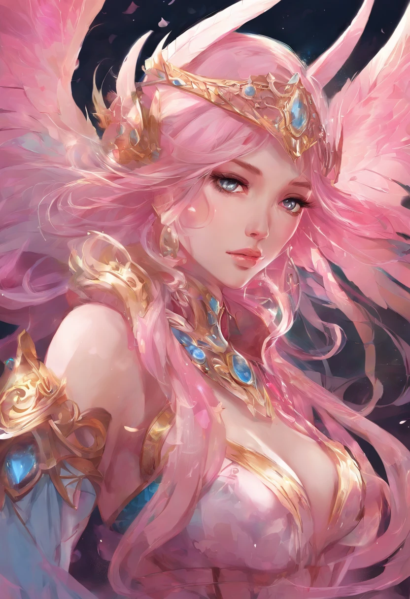 Bokeh, masutepiece, Best Quality, High quality, absurderes, hight resolution, 8K, 4K, (Full body:1.3), (mecha musume:0.8), armor, place々Exposed Yes,Older, deadpan, Long silver hair, hair between eye, side locks, (Pink eyes:1.4), From below, Looking down, medium breasts, Pink cloak, diadems, Pink eyeliner, Pink, Partially light blue