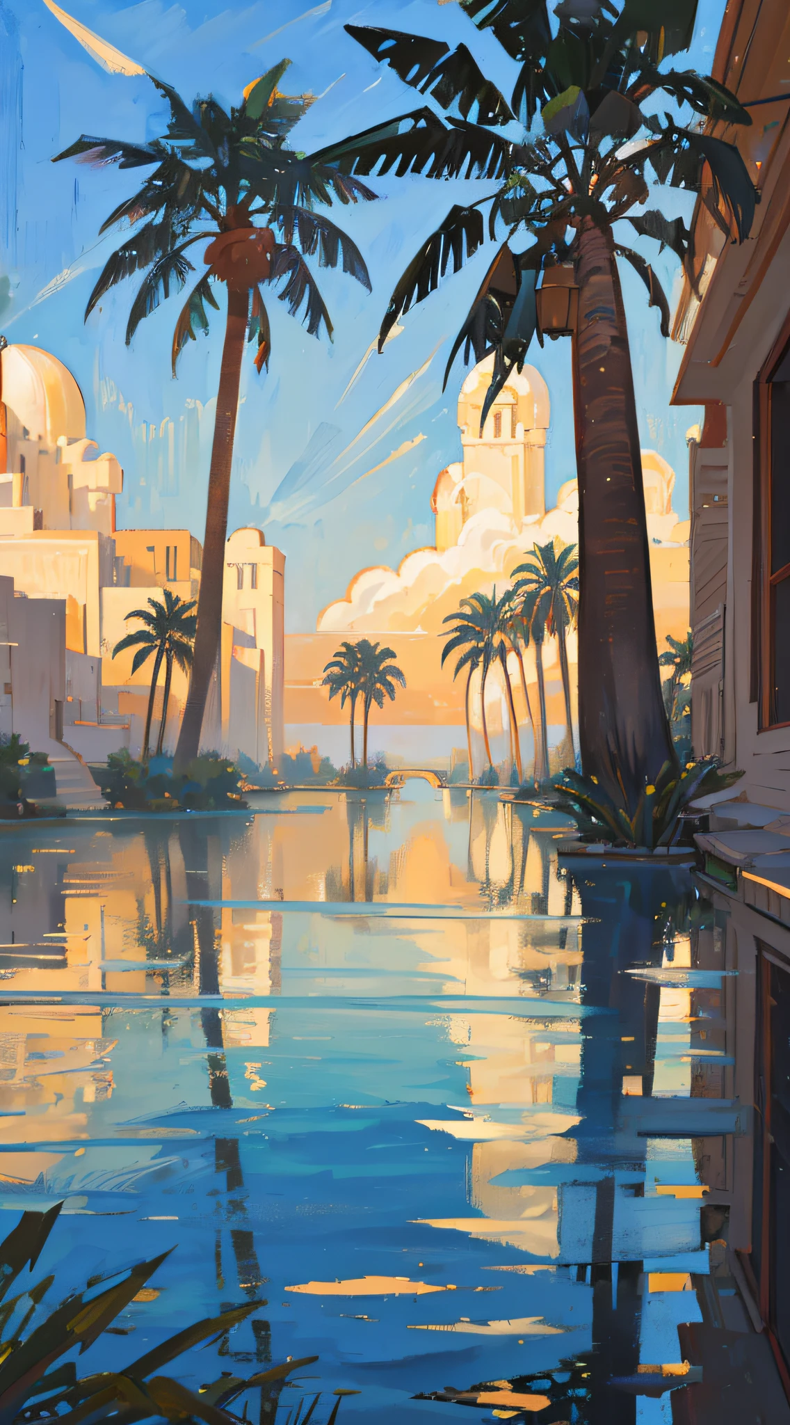 A serene and tranquil scene on the banks of the Nile, with palm trees swaying gently in the breeze and the sound of lapping water creating a soothing soundtrack to the ancient city.