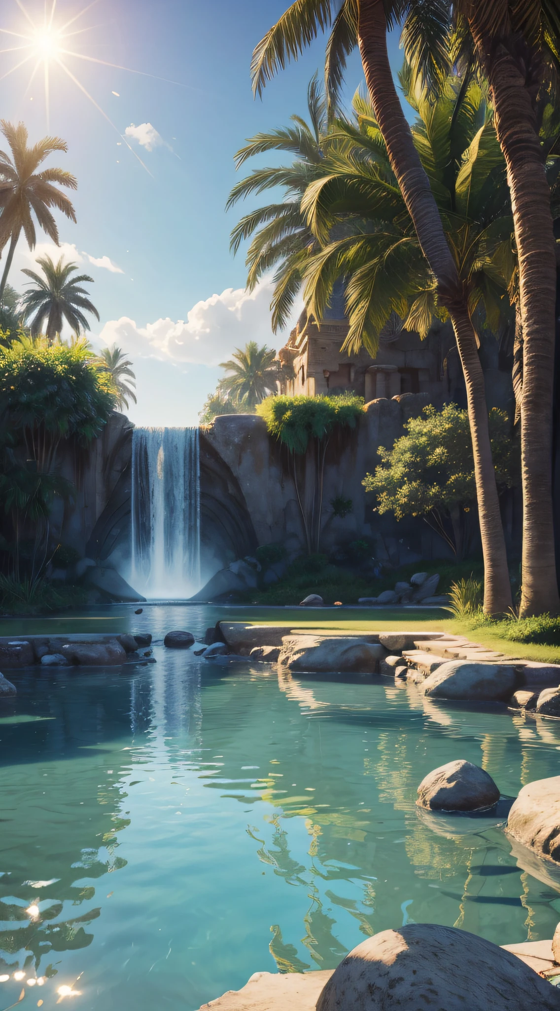 (best quality,4k,8k,highres,masterpiece:1.2),ultra-detailed,(realistic,photorealistic,photo-realistic:1.37),serene and tranquil scene on the banks of the Nile,palm trees swaying gently in the breeze,rippling water,soothing soundtrack,ancient city,peaceful atmosphere,lush greenery,crystal-clear reflections,sparkling sunlight,golden hour,ethereal ambiance,columned structure,carved hieroglyphics,cropped papyrus boat,shimmering ripples,gentle waves,calm river,sun-kissed stones,textured walls,silent serenity,whispering breeze,whistling palm leaves,water gently lapping,portraying a timeless beauty,peaceful idyll,breathtaking vista,endless horizon,long-reaching shadows,sunlit sanctuary,photoshop quality,magical hue,soft serenade,serene color palette,pastel tones.