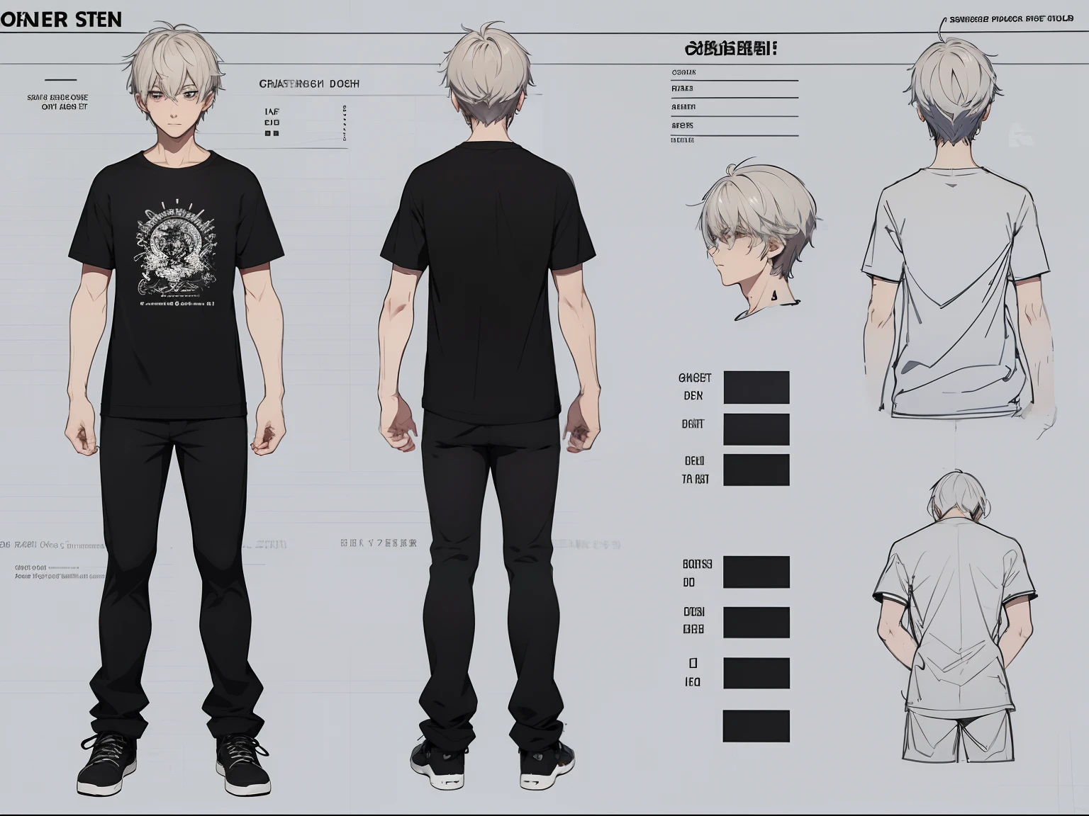 (character sheet:1.2),a 20 years old boy , highlighted short hair,wearing a t-shirt and pant,line art , slender body,character sheet detailed, T-pose detailed ,anime studio Style, standard quality,3 different angles, highly detailed body parts.,simple background,