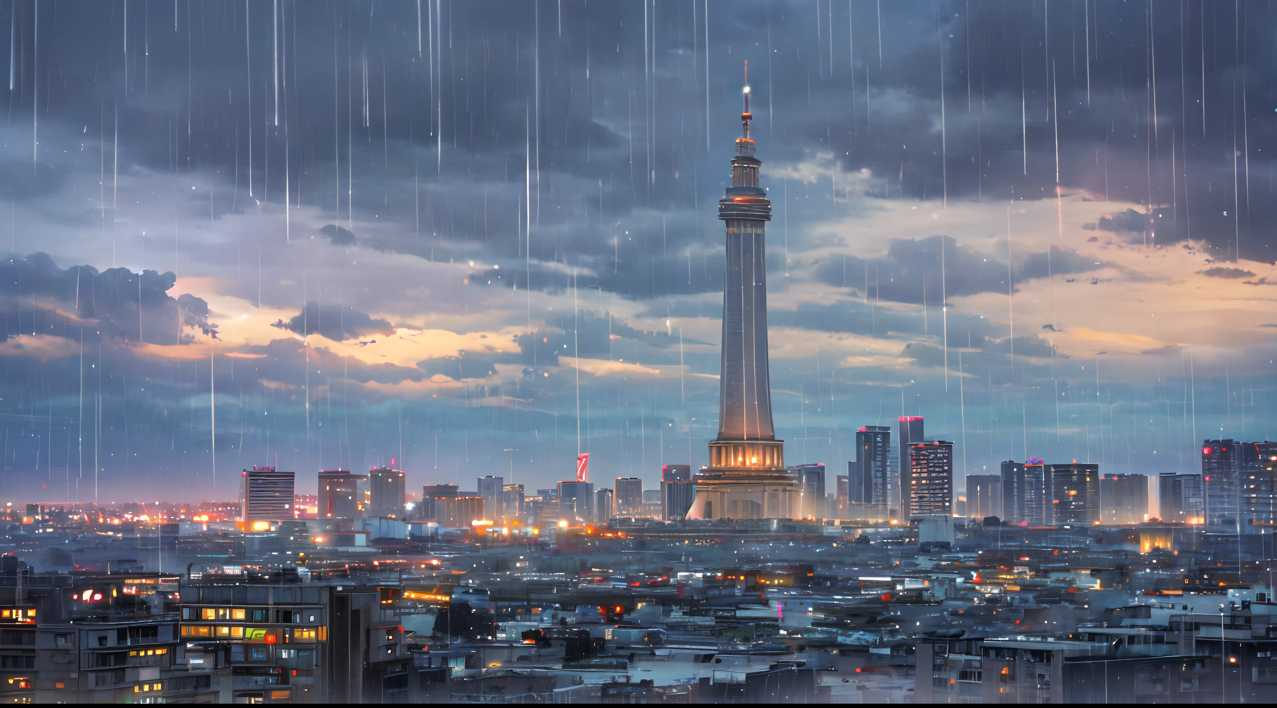 masterpiece, best quality, scenery, sky, rain, city, Jakarta Indonesia, Monas Indonesia,
