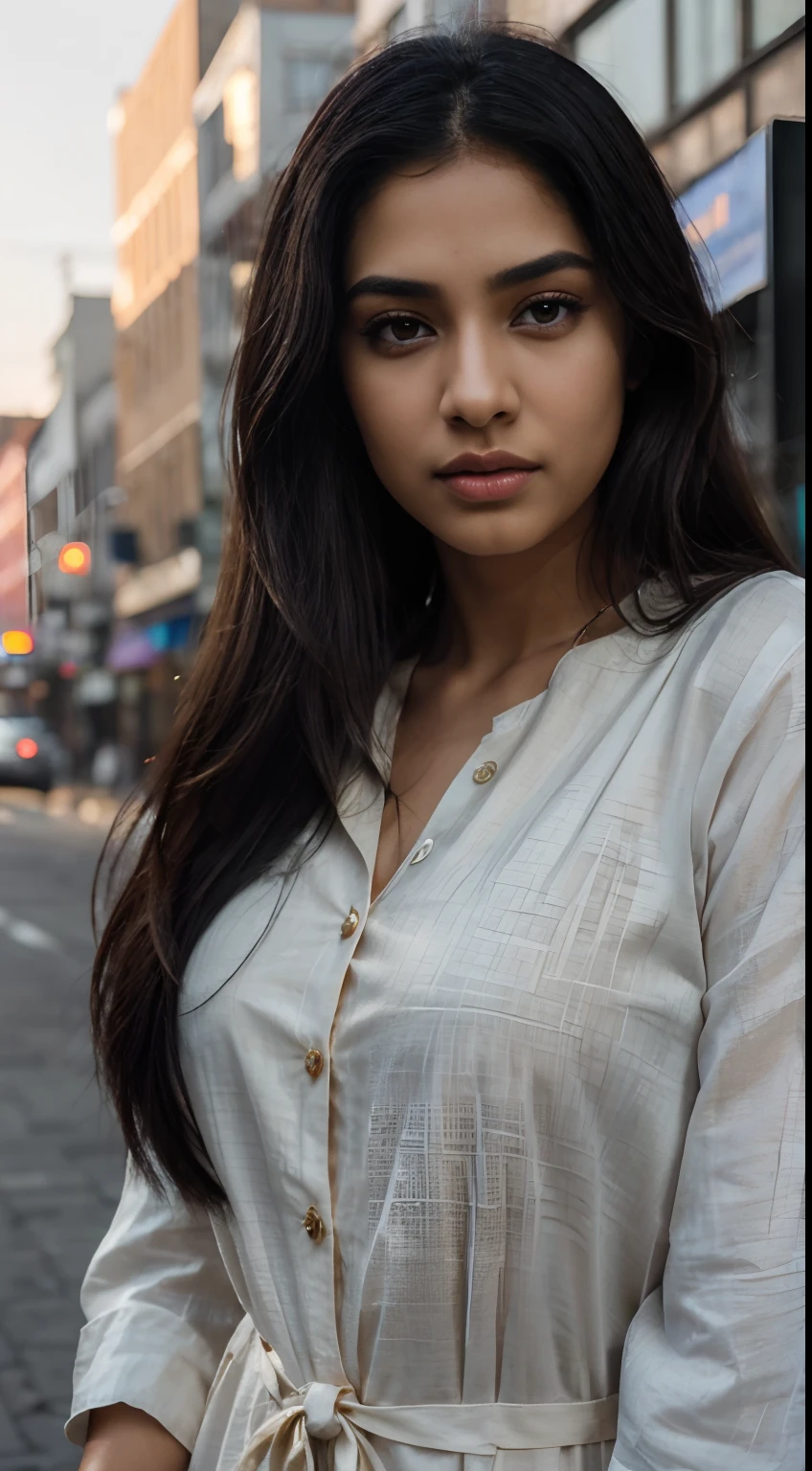 ultra-realistic photographs,Indian Instagram female model,mid 20s,9:16,mid-shot,beautiful detailed eyes,detailed lips,longeyelashes,long black hair, tied straight hair, naturally full eyebrows,perfectly formed nose,expressive face,attractive appearance,candid photo,formal shirt dress, checkered, golden hour street background, serene atmosphere,stunning architecture,soft and natural lighting,vivid colors,photorealistic,HDR,highres,studio lighting,ultra-detailed,bokeh,fully covered clothes