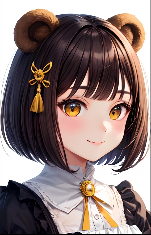 girl with、No background、without background、Background through、brown haired、Brown hair、short-cut、bob cuts、Subject bangs、Pattsun bangs、Aligned bangs、Sareme、drooping eyebrows、Takuambi、Marovi、Round eyebrows、Yellow eyes、Yellow eyes、Bear ears、Bear ears、onepiece、lolita fashion、Lolita clothes、frilld、bow ribbon、A smile、kawaii、without background