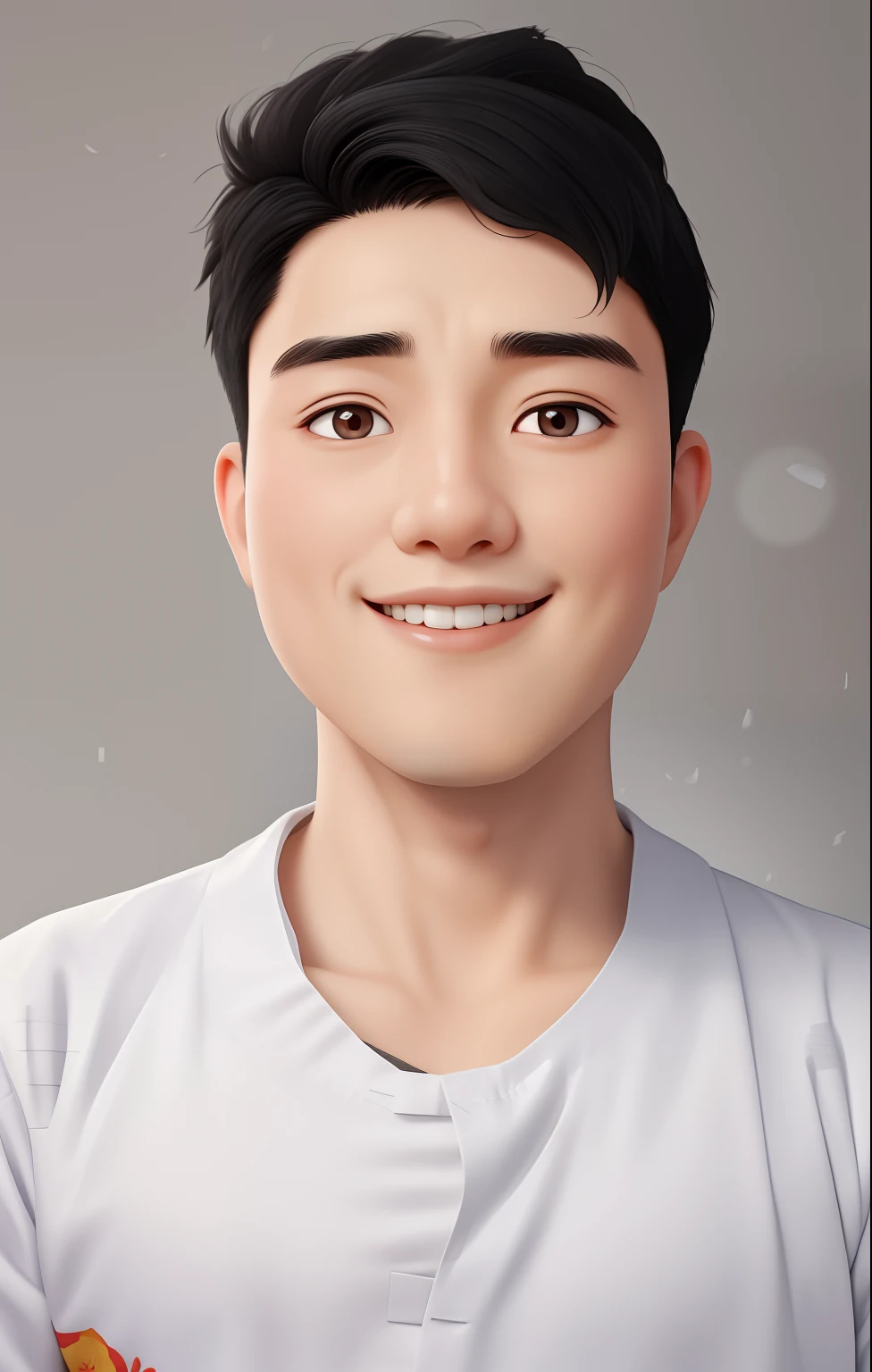 A 30-year-old Chinese male doctor with short black hair, face round, with a round face，attractive smile, and black eyes, Looking directly at
