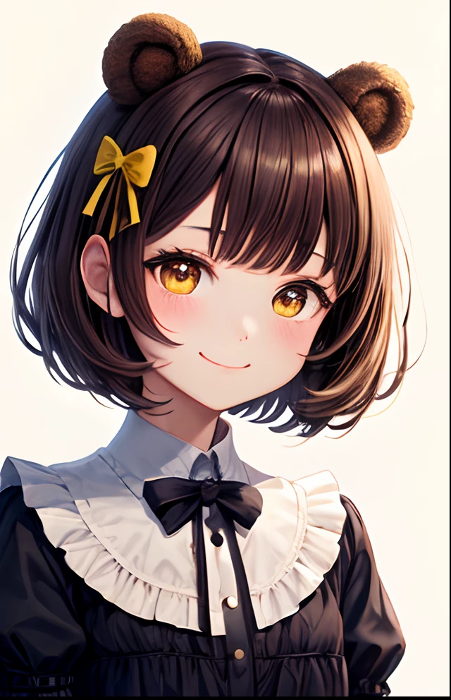 girl with、No background、without background、Background through、brown haired、Brown hair、short-cut、bob cuts、Subject bangs、Pattsun bangs、Aligned bangs、Sareme、drooping eyebrows、Takuambi、Marovi、Round eyebrows、Yellow eyes、Yellow eyes、Bear ears、Bear ears、onepiece、ta fashion、Lolilothes、frilld、bow ribbon、A smile、kawaii、without background