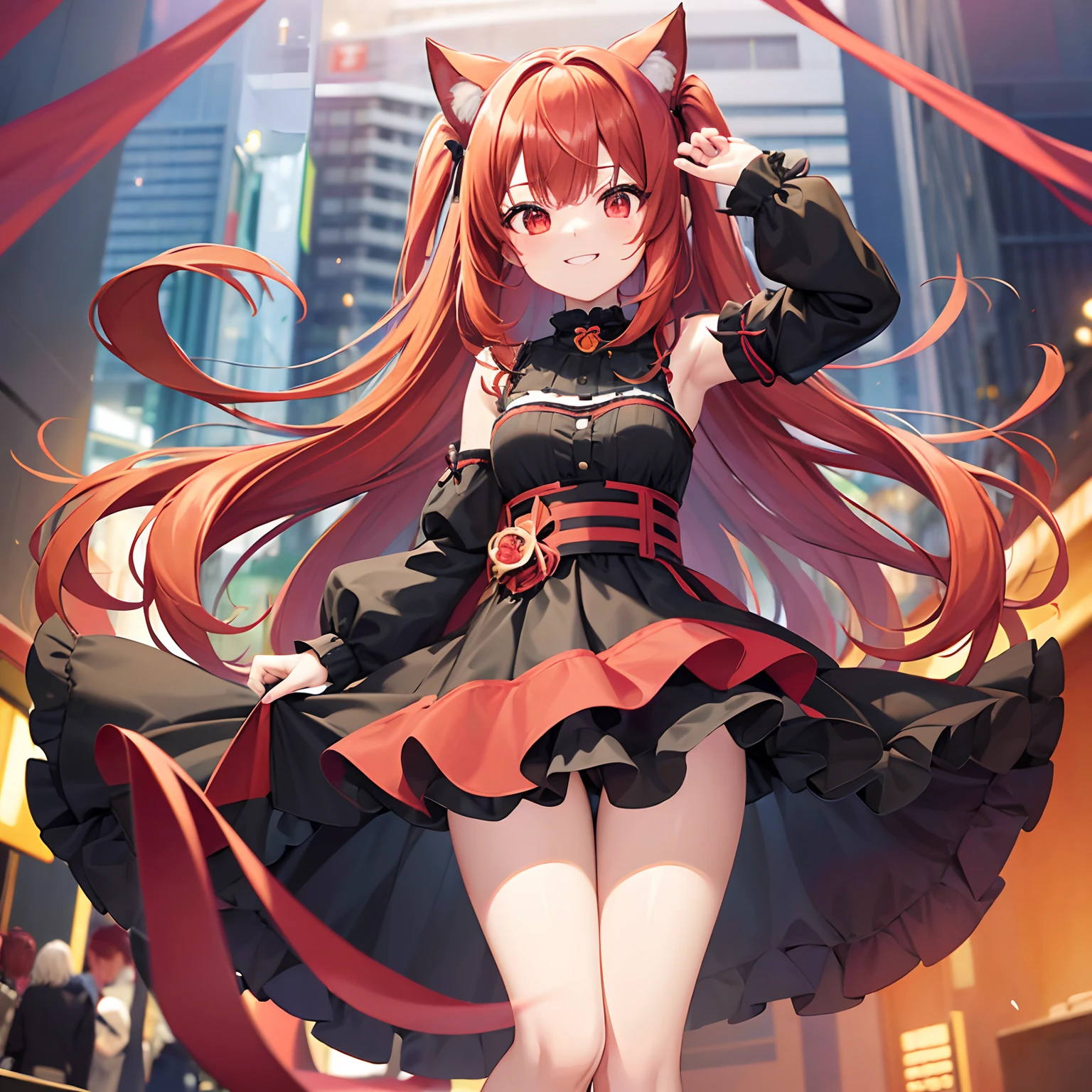 Anime filling,Two-dimensional illustration,Red hair,Half Twin Tail,shorth hair,Big eyes,A smile,a beauty girl,cute little,Super Cute,Black cat ears,Red Eyes,Ruffled Clothes,Black lace clothes,Inner colorGreen,One girl,Full body painting,A masterpiece of 2D art,(masterpiece,Top image quality:1.3),(detaile:1.2),(1人),Standing picture