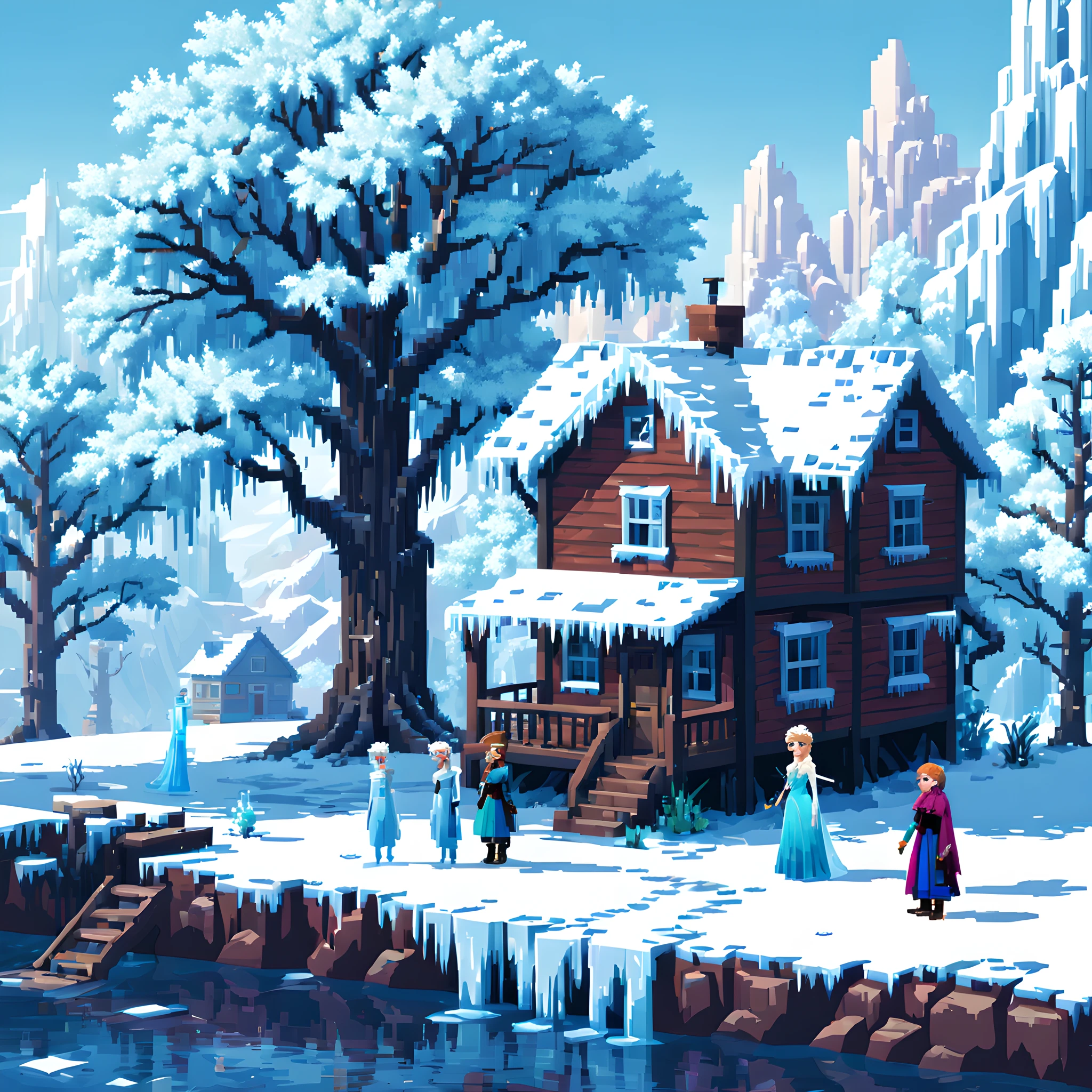 (Pixel art:1.5), (Rime Ice;1.3), (frozen people:1.3), (tree:1.3), (house:1.3),