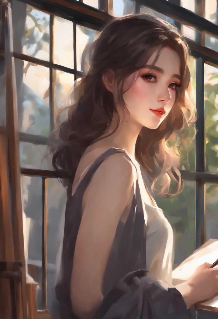 anime girl with a brush and a painting board in front of a window, painted in anime painter studio, realistic cute girl painting, beautiful anime portrait, anime. soft lighting, detailed painting 4 k, anime realism style, realistic anime artstyle, artwork in the style of guweiz, realistic anime art style, made with anime painter studio, portrait anime girl