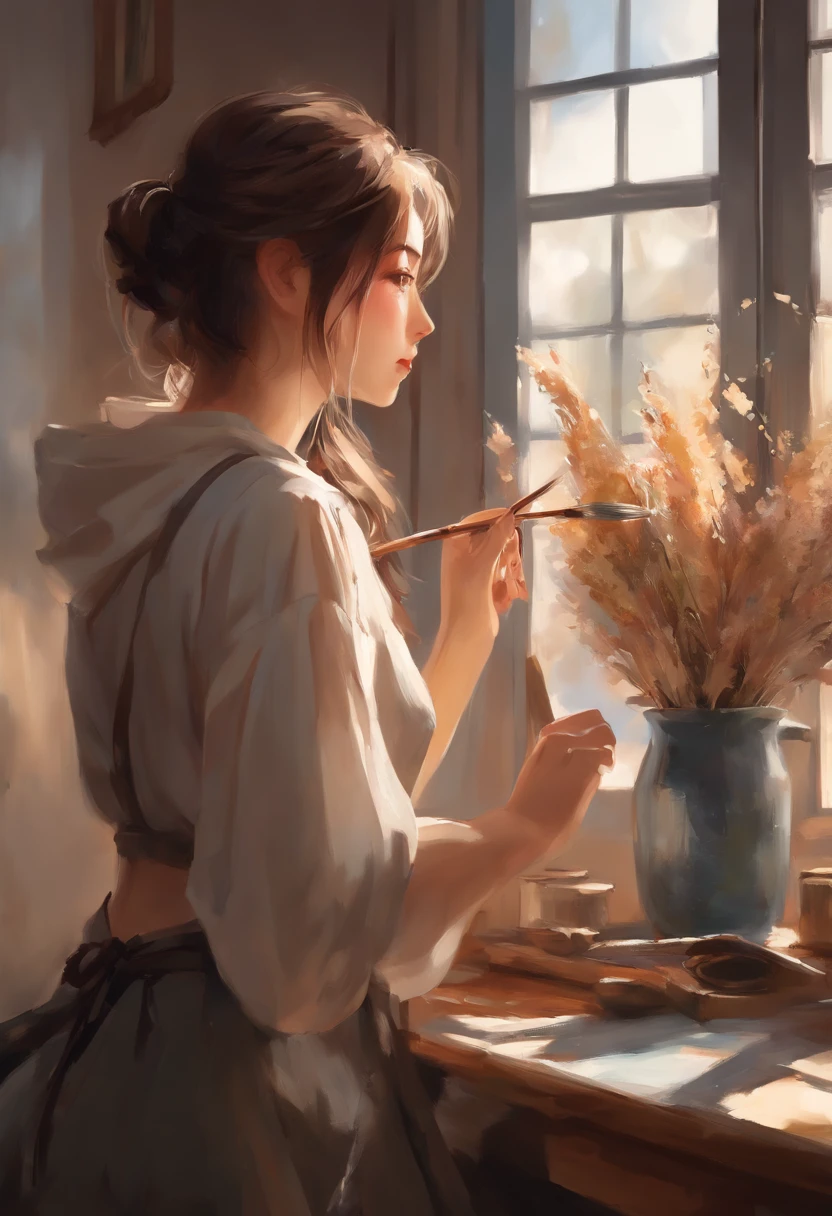 anime girl with a brush and a painting board in front of a window, painted in anime painter studio, realistic cute girl painting, beautiful anime portrait, anime. soft lighting, detailed painting 4 k, anime realism style, realistic anime artstyle, artwork in the style of guweiz, realistic anime art style, made with anime painter studio, portrait anime girl