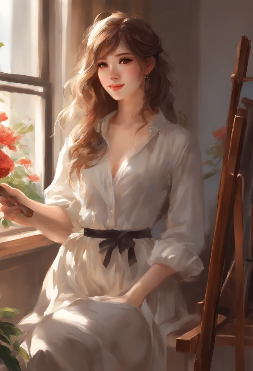 anime girl with a brush and a painting board in front of a window, painted in anime painter studio, realistic cute girl painting, beautiful anime portrait, anime. soft lighting, detailed painting 4 k, anime realism style, realistic anime artstyle, artwork in the style of guweiz, realistic anime art style, made with anime painter studio, portrait anime girl