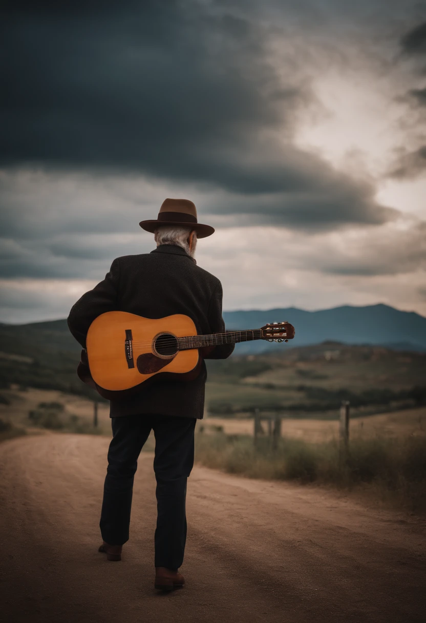 Old man in hat back with a guitar, absurd resolution
