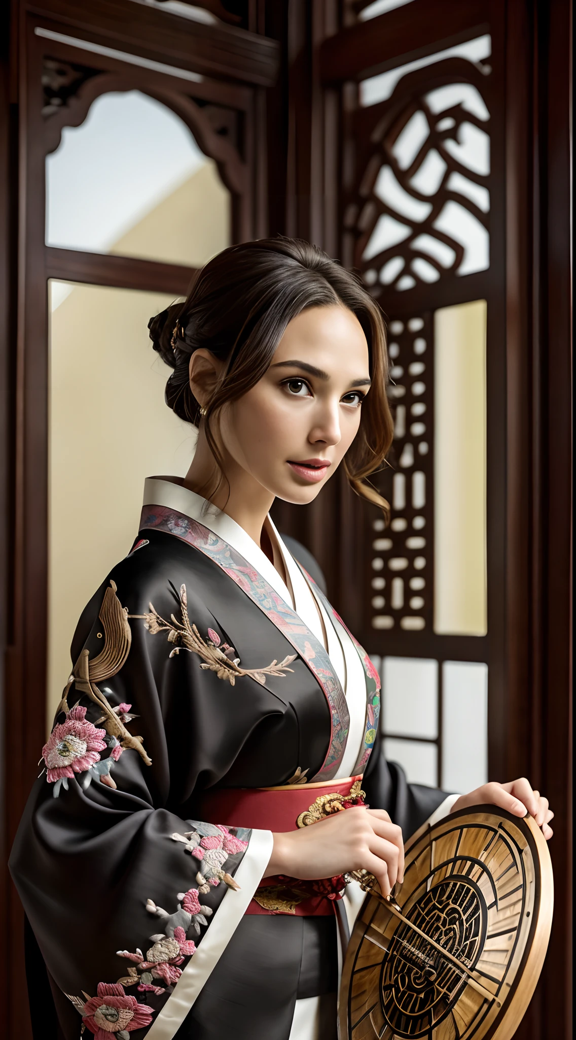 Gal Gadot, woman , wonder women,Perfect eyes, Beautiful face,pale brown hair, short detailed hair, bobo head, side parted hair,Background of details(Concert Hall),Break ,exquisite costumes(Luxury kimono(black kimono(Detailed Embroidery))),Break,,(Play the guzheng:1.2),Break,Wallpapers 16K,blur backgroun,(masutepiece:1.5), (Best quality:1.5),