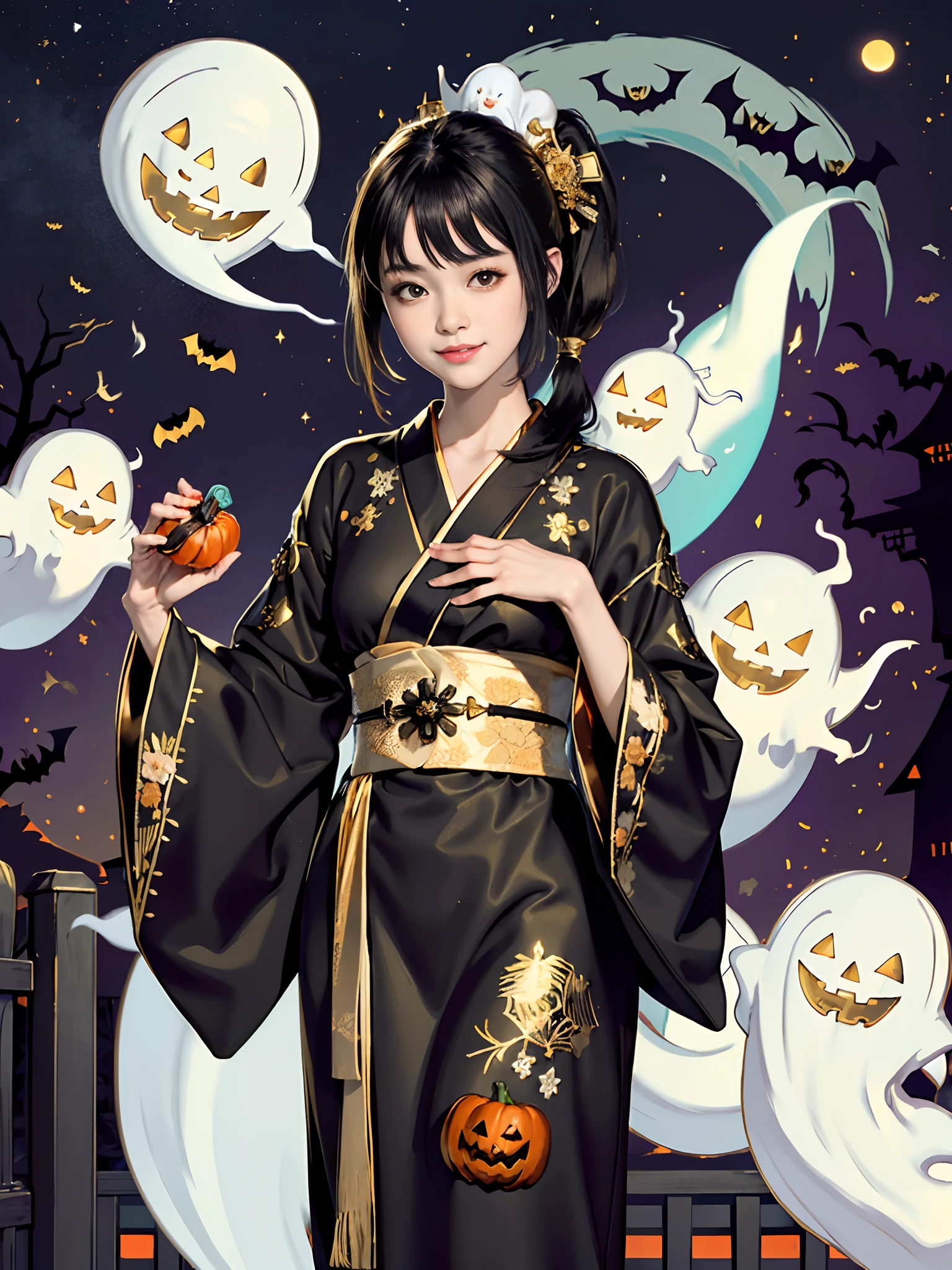 (rokoko:1.5),Background of details(halloween night:1.5)(fullmoon:1.2)(Station Square at Night(Crowds):1.5)((squash,ghost):1.5),BREAK ,elaborate costume(Luxury kimono(Black kimono(detailed embroidery(blanche,golds)))),BREAK,(1 Beautiful and classy adult woman(Shy smile(tusk):1.2)(Japanese actressl:1.2)(blackhair(poneyTail:1.2))),(eye glass(four corners:1.2)),(Have candy:1.2),BREAK,Wallpapers 16K,Blur the background,)(masutepiece,Best Quality,Portrait photos):1.5),full body Esbian