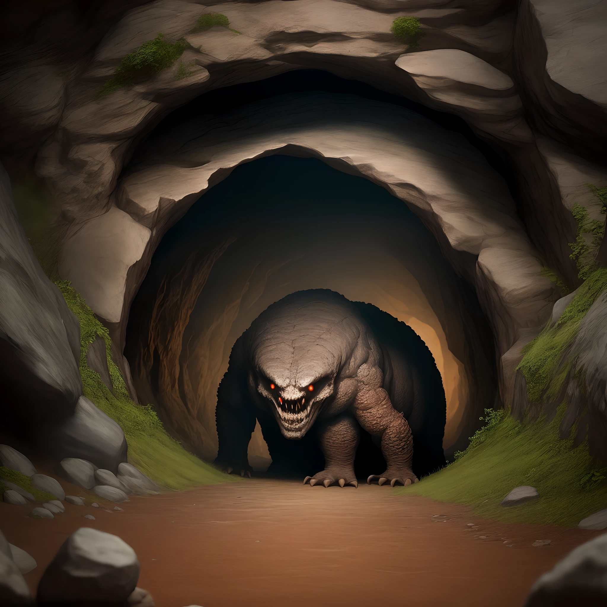 Round rock monster living in dark cave barely any light