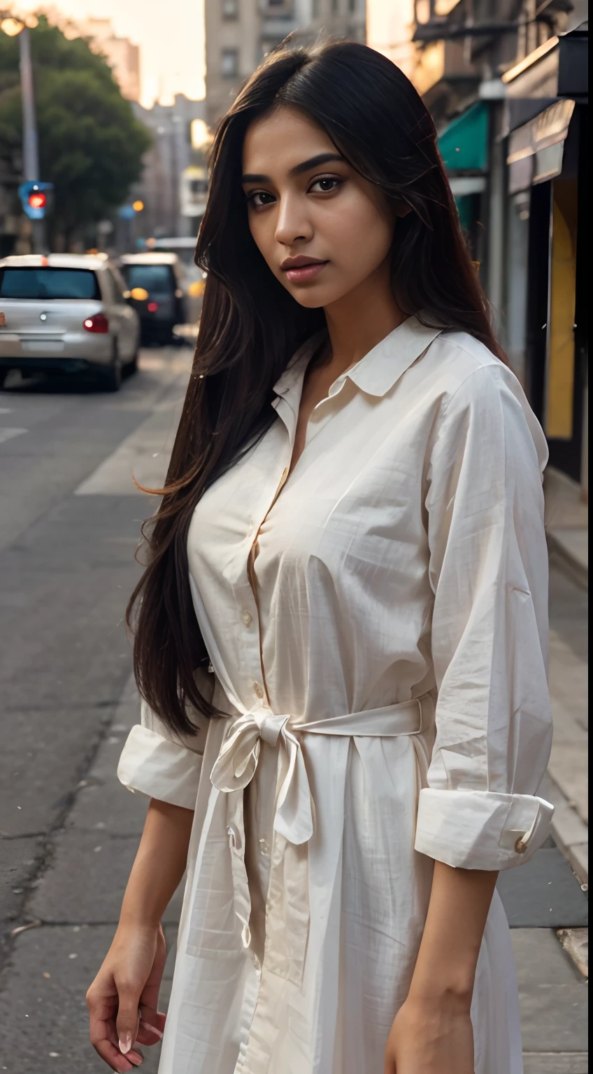 ultra-realistic photographs,Indian Instagram female model,mid 20s,9:16,mid-shot,beautiful detailed eyes,detailed lips,longeyelashes,long black hair, tied straight hair, naturally full eyebrows,perfectly formed nose,expressive face,attractive appearance,candid photo,formal shirt dress, checkered, golden hour street background, serene atmosphere,stunning architecture,soft and natural lighting,vivid colors,photorealistic,HDR,highres,studio lighting,ultra-detailed,bokeh,fully covered clothes