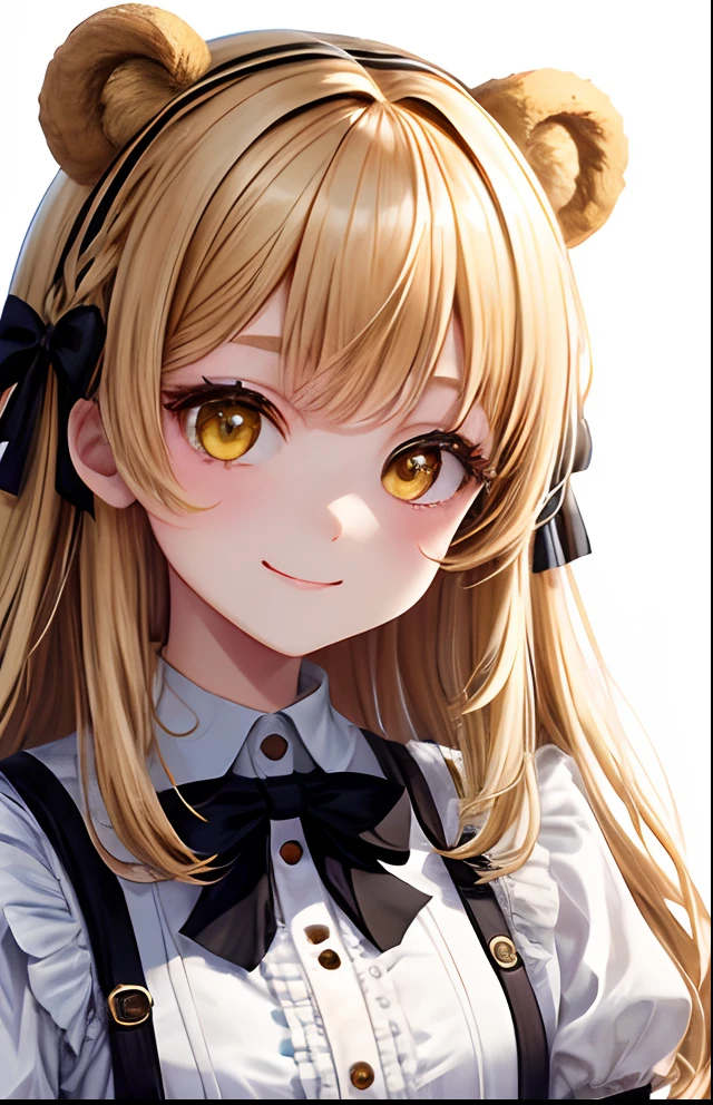 girl with、No background、without background、Background through、Yellow hair、Brown hair with a yellow side、Two knots、Twin-tailed、Subject bangs、Pattsun bangs、Aligned bangs、Sareme、drooping eyebrows、Takuambi、Marovi、Round eyebrows、Yellow eyes、Yellow eyes、Bear ears、Bear ears、Onepiece、Lolita Fashion、Lolita clothes、frilld、bow ribbon、A smile、kawaii、without background