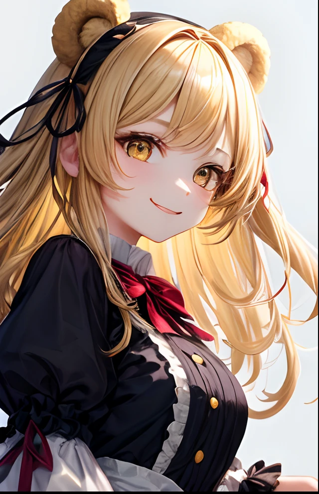 girl with、No background、without background、Background through、Yellow hair、Brown hair with a yellow side、Two knots、Twin-tailed、Subject bangs、Pattsun bangs、Aligned bangs、Sareme、drooping eyebrows、Takuambi、Marovi、Round eyebrows、Yellow eyes、Yellow eyes、Bear ears、Bear ears、Onepiece、Lolita Fashion、Lolita clothes、frilld、bow ribbon、A smile、kawaii、without background