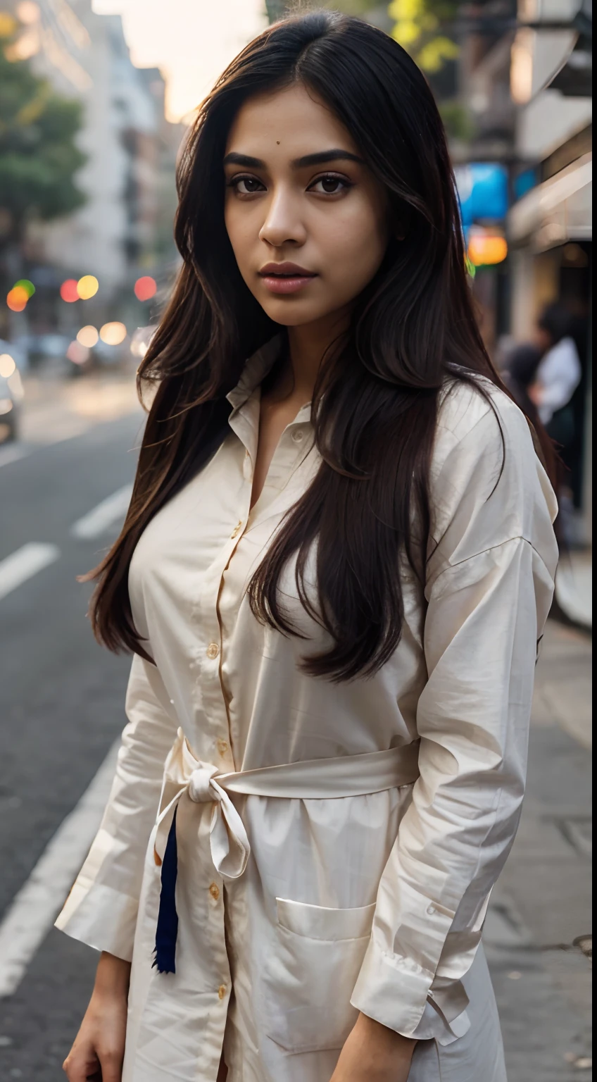 ultra-realistic photographs,Indian Instagram female model,mid 20s,9:16,mid-shot,beautiful detailed eyes,detailed lips,longeyelashes,long black hair, tied straight hair, naturally full eyebrows,perfectly formed nose,expressive face,attractive appearance,candid photo,formal shirt dress, checkered, golden hour street background, serene atmosphere,stunning architecture,soft and natural lighting,vivid colors,photorealistic,HDR,highres,studio lighting,ultra-detailed,bokeh,fully covered clothes