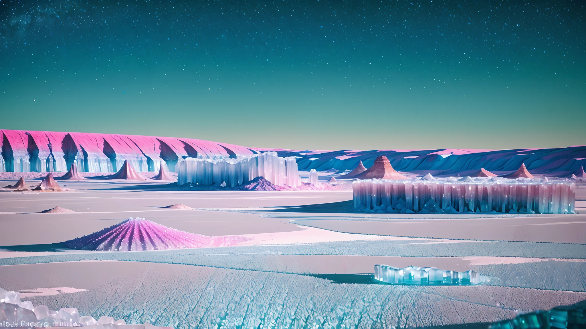 [Understated psychedelic] desert landscape with unexpected geological formations, and lush vegetation, all covered in a layer of crystalline (((Rime ice))) that sparkles under a surreal multicolored sky.