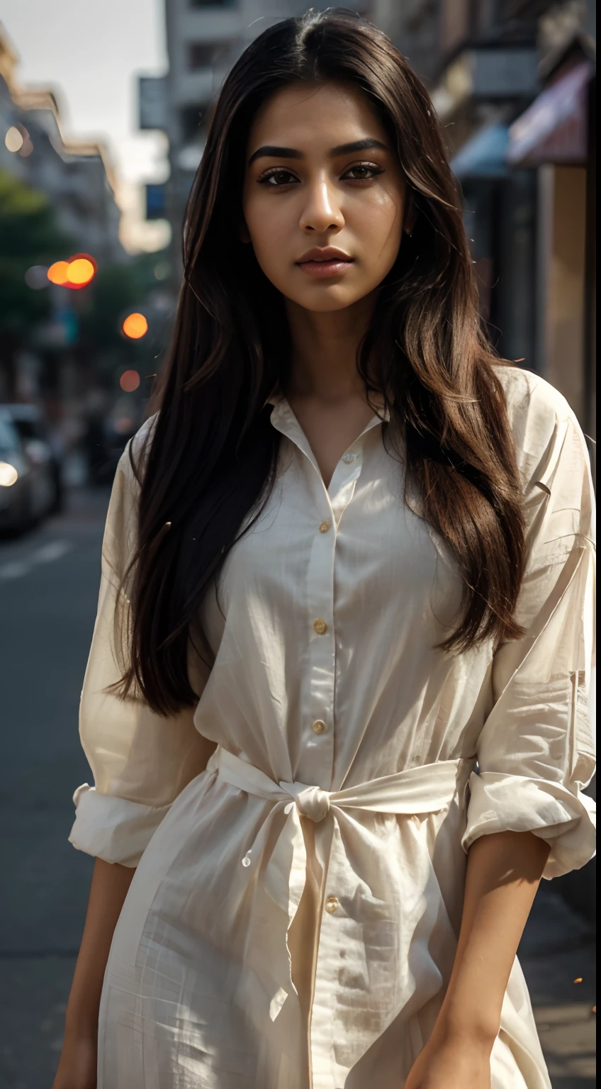 ultra-realistic photographs,Indian Instagram female model,mid 20s,9:16,mid-shot,beautiful detailed eyes,detailed lips,longeyelashes,long black hair, tied straight hair, naturally full eyebrows,perfectly formed nose,expressive face,attractive appearance,candid photo,formal shirt dress, checkered, golden hour street background, serene atmosphere,stunning architecture,soft and natural lighting,vivid colors,photorealistic,HDR,highres,studio lighting,ultra-detailed,bokeh,fully covered clothes