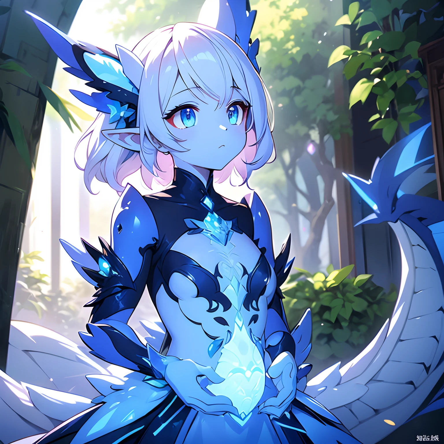 1girl, masterpiece, highly detailed, glowing blue eyes, wavy short white hair, hybrid dragon-elf form