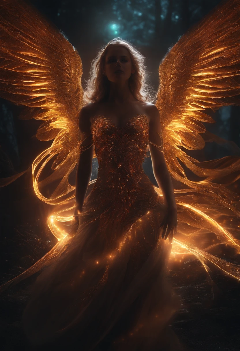 Fallen Angels of the Universe, glowing light eyes, biomechanical, eery, creepy, nightmarish, Very bright colors, light Particle, with light glowing, Musif, Wallpaper Art, UHD Wallpapers