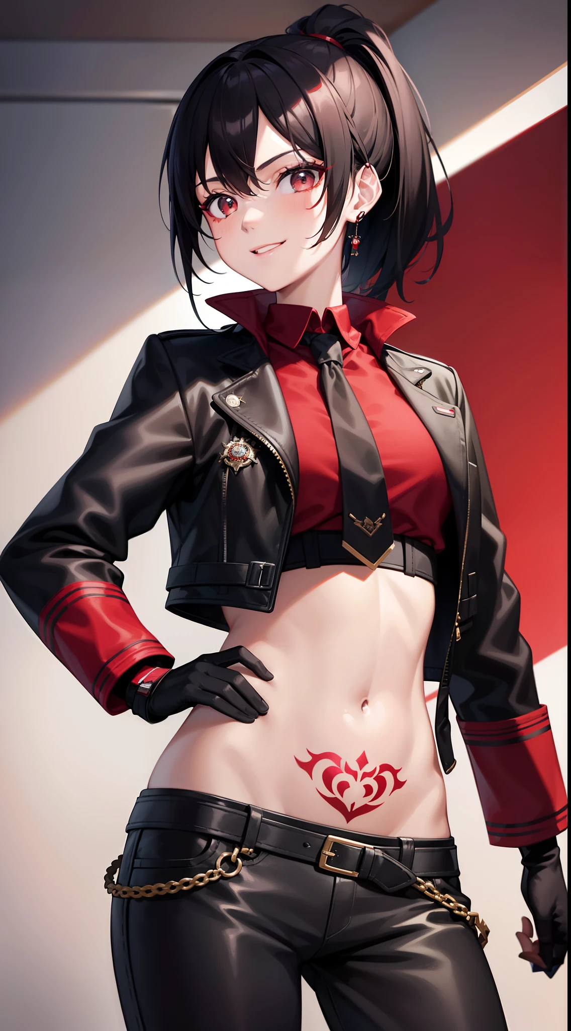 young girl, Short black and red hair, high ponytail, gray eyes, Smile, open belly, black trousers, red jacket, tie, belts, fetters, Tatoo, iron gloves, face tattoos, Masterpiece, hiquality, 4k, HD, Good detail