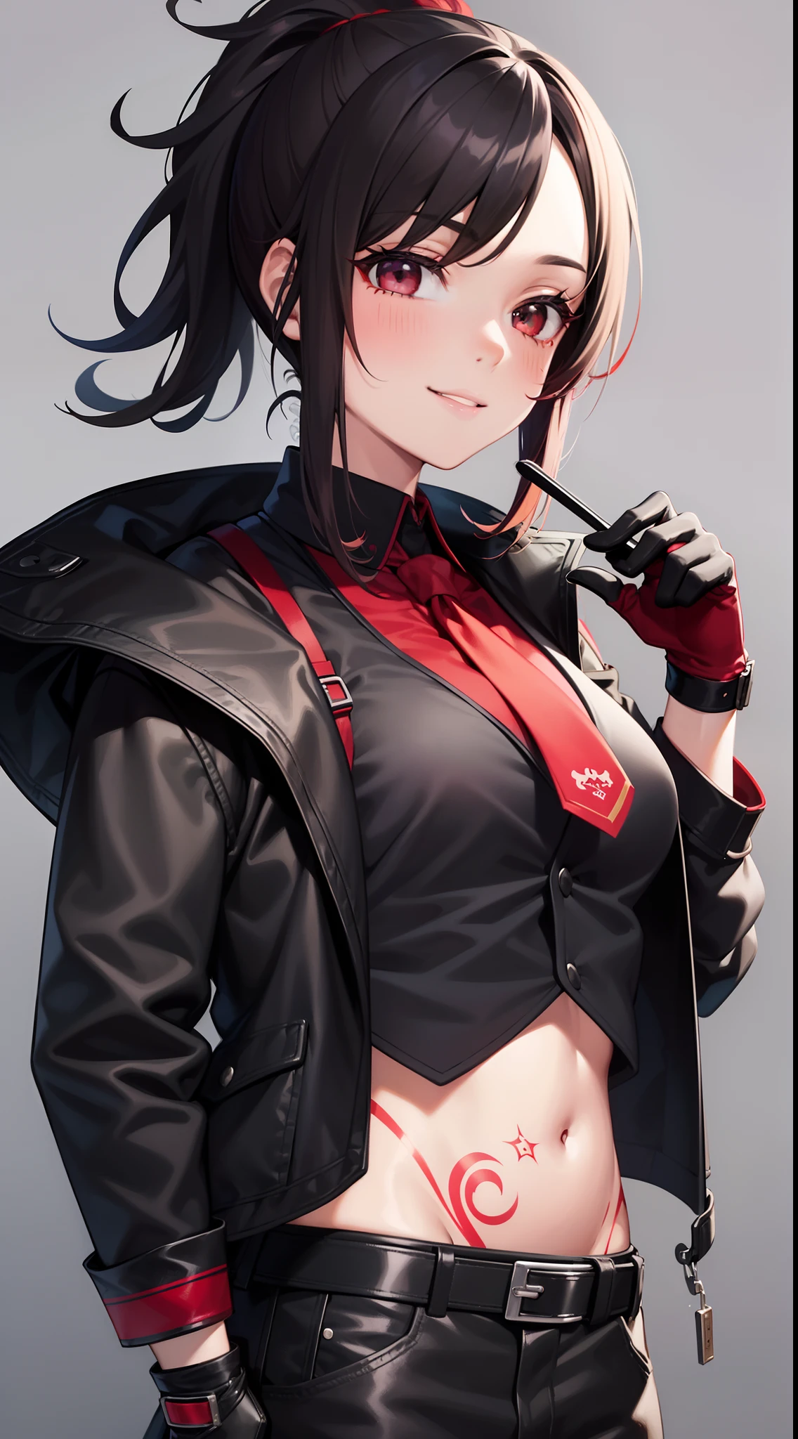 young girl, Short black and red hair, high ponytail, gray eyes, Smile, open belly, black trousers, red jacket, tie, belts, fetters, Tatoo, iron gloves, face tattoos, Masterpiece, hiquality, 4k, HD, Good detail