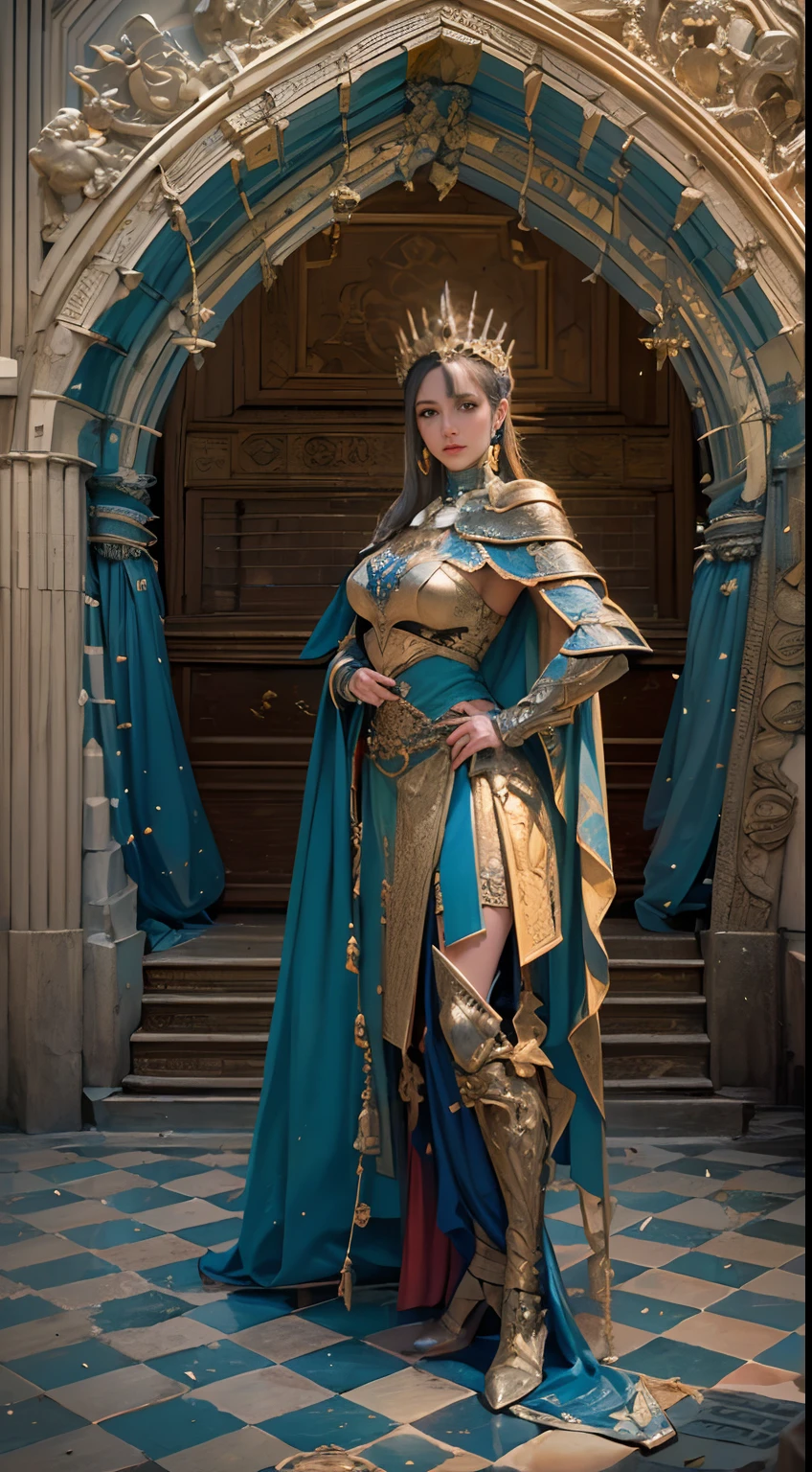 Deusa Atena em armadura sagrada dourada, Hold a shield in your left hand, Stay inside the Palace of the Goddess.,(best quality,4k,8k,A high resolution,master part:1.2),, papel de parede,ultra-detalhado,(Realistic,fotorrealista,photo-realistic:1.37),HDR,hiper HD,studio lighting,foco nítido,Physically-based rendering,extreme detail description,profissional,vivid colors,Bokeh,Retrato,Paleta de cores azul claro e dourado,Charming, ethereal lighting
