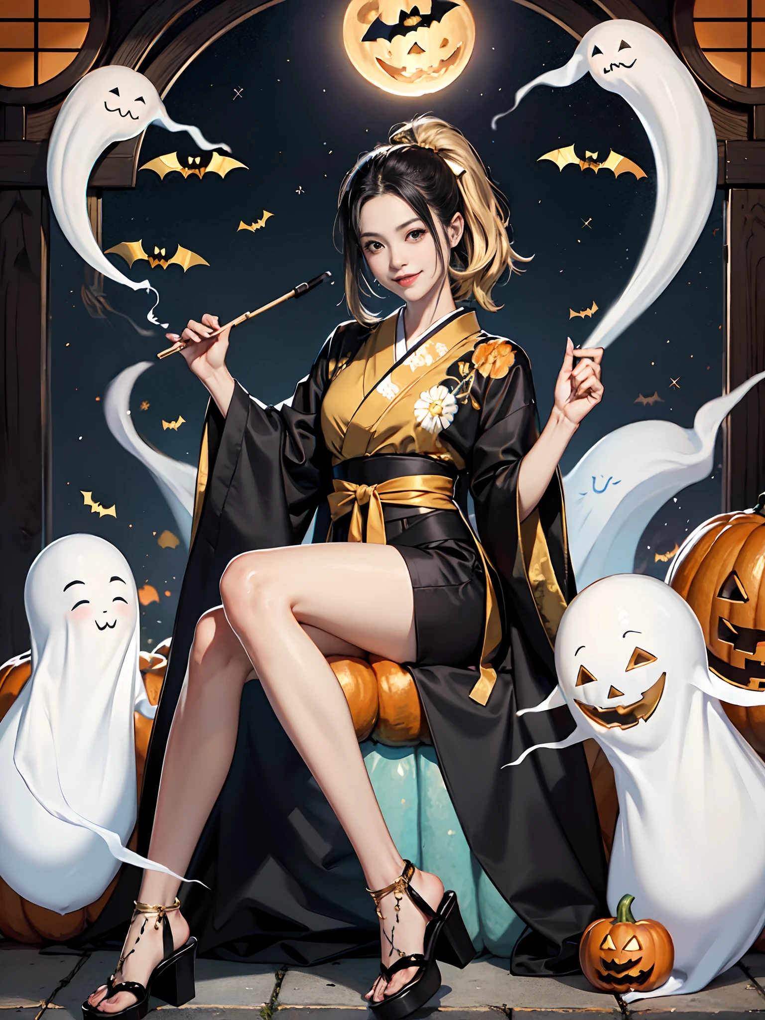 (rokoko:1.5),Background of details(halloween night:1.5)(fullmoon:1.2)(Station Square at Night(Crowds):1.5)((squash,ghost):1.5),BREAK ,elaborate costume(Luxury kimono(Black kimono(detailed embroidery(blanche,golds)))),BREAK,(1 Beautiful and classy adult woman(Shy smile(tusk):1.2)(Japanese actressl:1.2)(Shiny blonde hair(poneyTail:1.2))),(eye glass(four corners:1.2)),(Have candy:1.2),BREAK,Wallpapers 16K,Blur the background,)(masutepiece,Best Quality,Portrait photos):1.5),full body Esbian