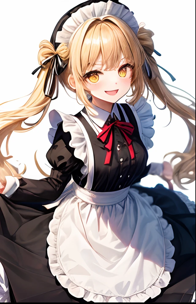 girl with、No background、without background、Background through、Yellow hair、Brown hair with yellow sides、Two knots、Twin-tailed、Sareme、drooping eyebrows、Yellow eyes、Yellow eyes、Maids、Black and white maid clothes、frilld、bow ribbon、A smile、kawaii、without background