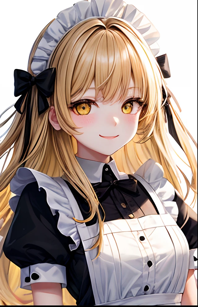 girl with、No background、without background、Background through、Yellow hair、Brown hair with yellow sides、Two knots、Twin-tailed、Sareme、drooping eyebrows、Yellow eyes、Yellow eyes、Maids、Black and white maid clothes、frilld、bow ribbon、A smile、kawaii、without background