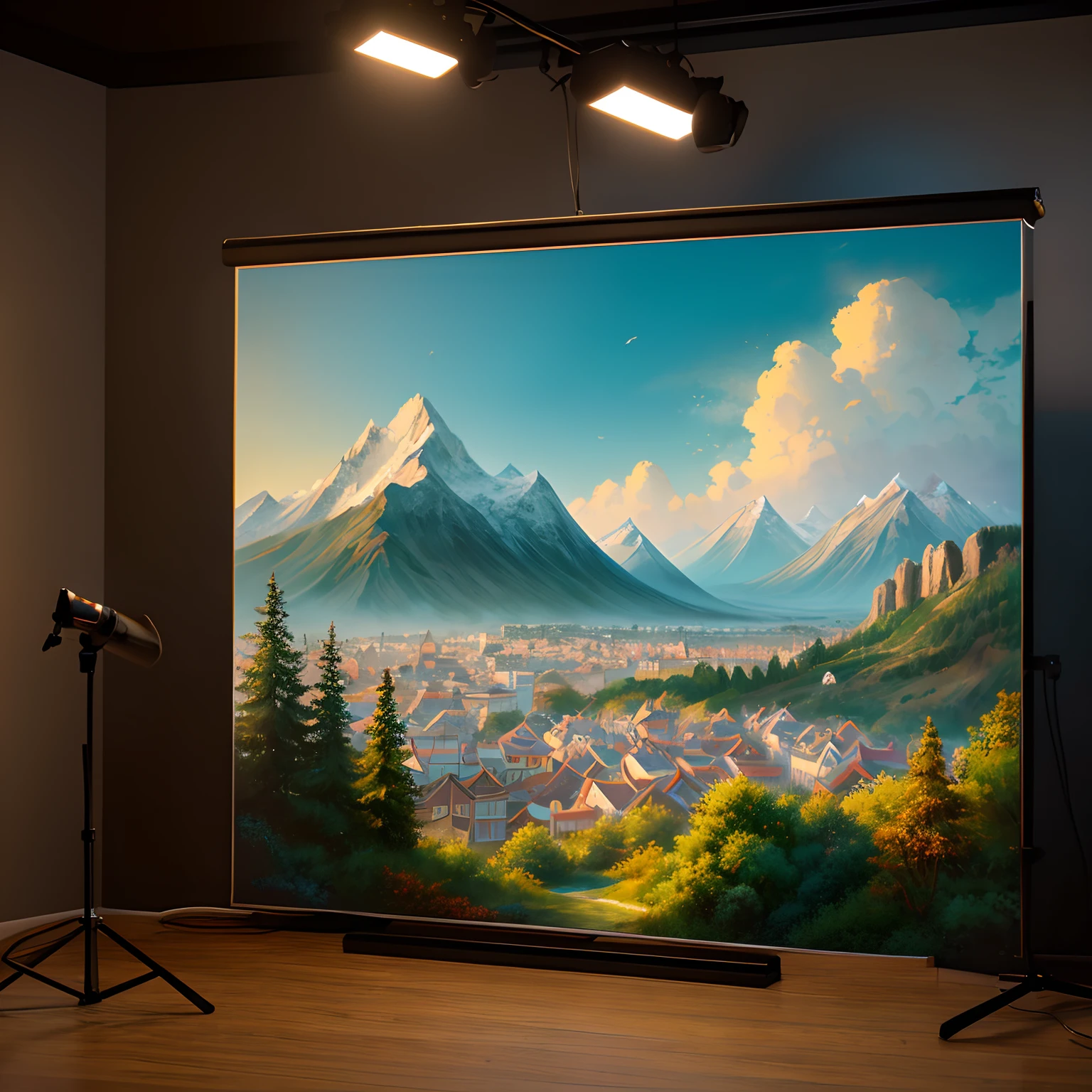 A town with a wide center and few buildings, Japanese houses, a hospital, a spacious location, a sea on the right with a coastline, mountains in the foreground, some trees, clear sky with few clouds. (best quality,4k,8k,highres,masterpiece:1.2),ultra-detailed,(realistic,photorealistic,photo-realistic:1.37), HDR,UHD,studio lighting,ultra-fine painting,sharp focus,physically-based rendering,extreme detail description,professional,vivid colors,bokeh, landscape.