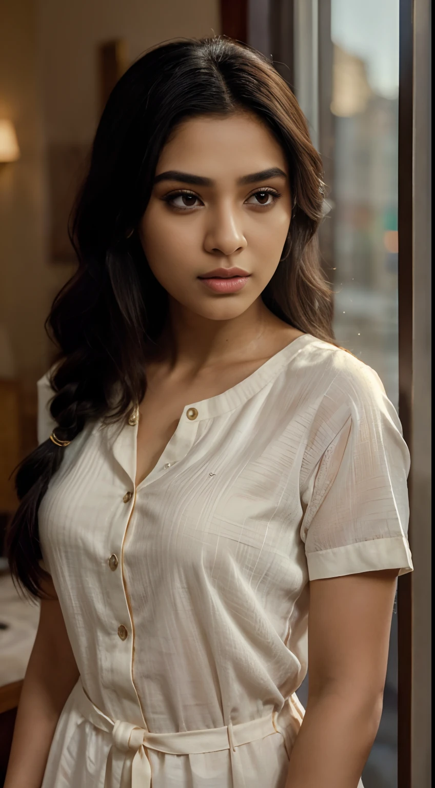 ultra-realistic photographs,Indian Instagram female model,mid 20s,9:16,mid-shot,beautiful detailed eyes,detailed lips,longeyelashes,long black hair, fully braided hair, naturally full eyebrows,perfectly formed nose,expressive face,attractive appearance,candid photo,formal shirt dress, embroidered, golden hour room background, serene atmosphere,stunning architecture,soft and natural lighting,vivid colors,photorealistic,HDR,highres,studio lighting,ultra-detailed,bokeh,fully covered clothes