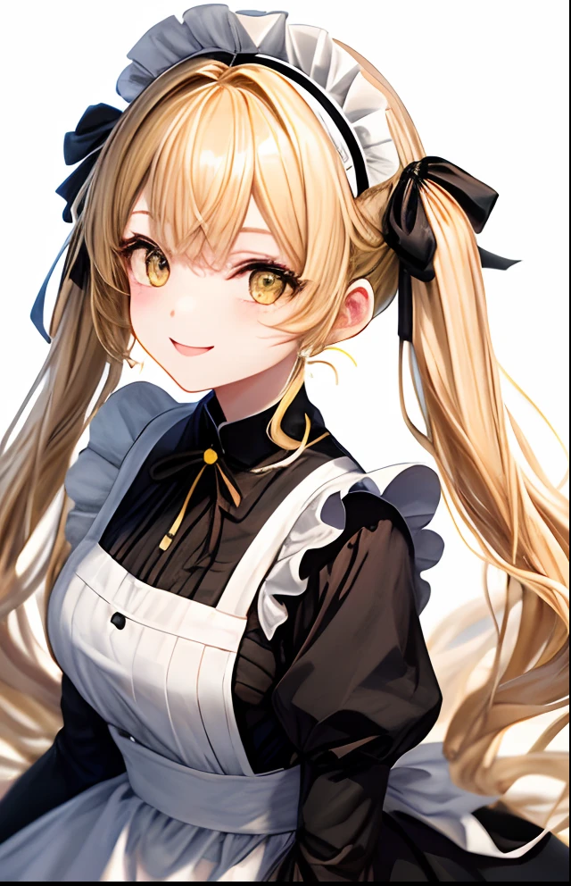 girl with、No background、without background、Background through、Yellow hair、Brown hair with yellow sides、Two knots、Twin-tailed、Sareme、drooping eyebrows、Yellow eyes、Yellow eyes、Maids、black and white maid uniform、frilld、bow ribbon、A smile、kawaii、without background