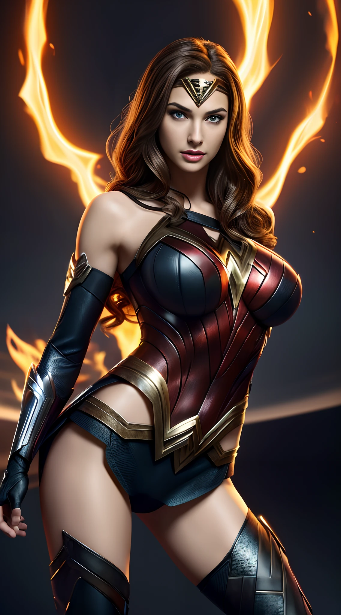 Gal Gadot, wonder women, woman , Perfect eyes, Beautiful face, pale brown hair, short detailed hair, bobo head, side parted hair,((( eBlue eyes))), (((blond hairbl))), dynamicposes, Realisticstyle, Depicts a group of characters in various action scenes,((best qualtiy)), ((tmasterpiece)), (k hd:1.3), 。.3D, big breasts beautiful (cyber punk perssonage:1.3) The color hair, Black clothes looking at camera, 年轻, Hacker woman exposed, nipple sticking out, Sexual huge breasts cleavage, seductiv, glute, Crotch, White liquid on top, new tokyo,(zentangle,datura,Tangles,entangled), (s fractal art: 1.3),Flame,
