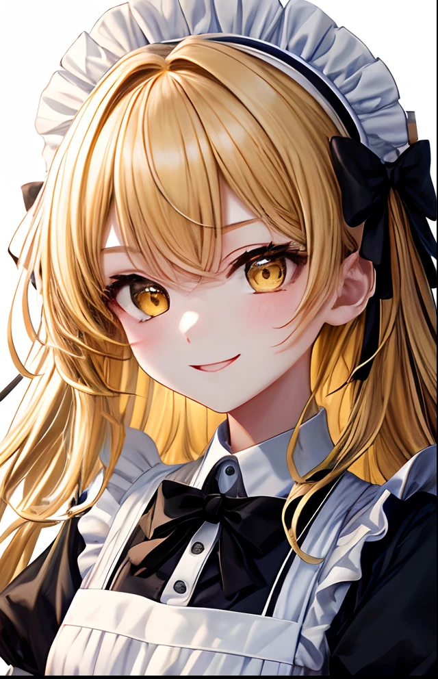 girl with、No background、without background、Background through、Yellow hair、Brown hair with yellow sides、Two knots、Twin-tailed、Sareme、drooping eyebrows、Yellow eyes、Yellow eyes、Maids、black and white maid uniform、frilld、bow ribbon、A smile、kawaii、without background
