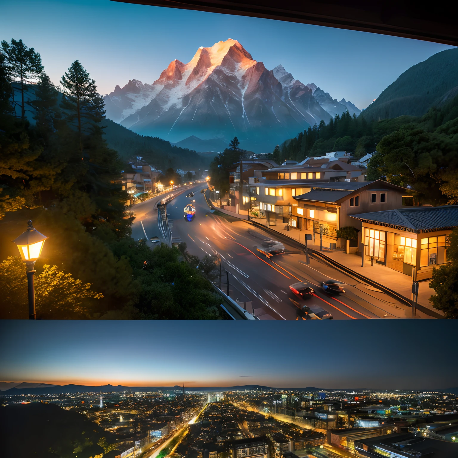 A town with a wide center and few buildings, Japanese houses, a hospital, a spacious location, a sea on the right with a coastline, mountains in the foreground, some trees, clear sky with few clouds. (best quality,4k,8k,highres,masterpiece:1.2),ultra-detailed,(realistic,photorealistic,photo-realistic:1.37), HDR,UHD,studio lighting,ultra-fine painting,sharp focus,physically-based rendering,extreme detail description,professional,vivid colors,bokeh, landscape.