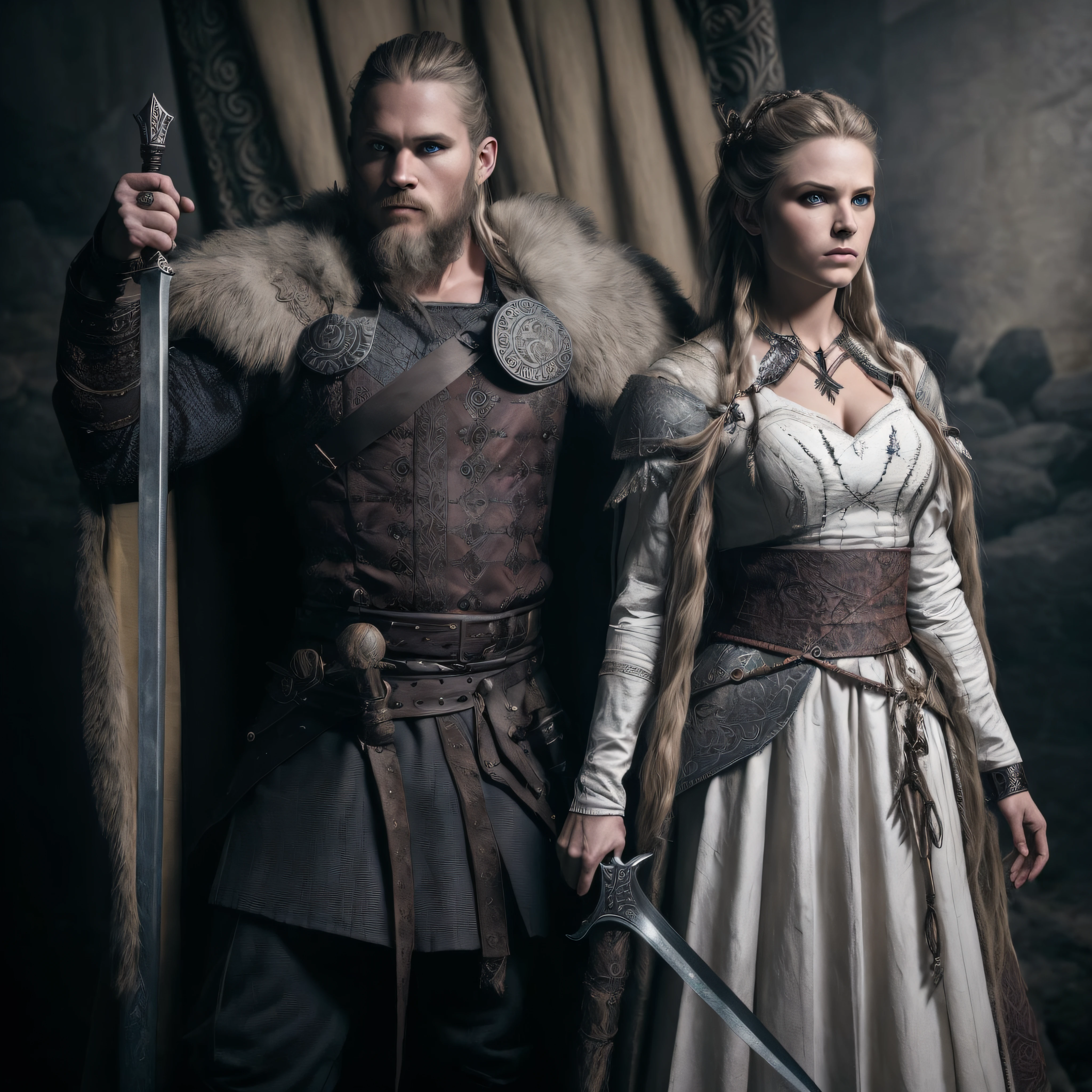 Homem e mulher vestidos com roupas medievais segurando espadas, traje viking, VIQUINGUES, usando roupas VIQUINGUES, Tuomas Korpi e Wlop, estilo viking, viking and templar aesthetics, wearing norse armor, Cultura Viking, an epic fantasy, armadura viking, norse inspired, fantasia roupas de couro, Rei Viking, female viking, flowing robes and leather armor, Norse