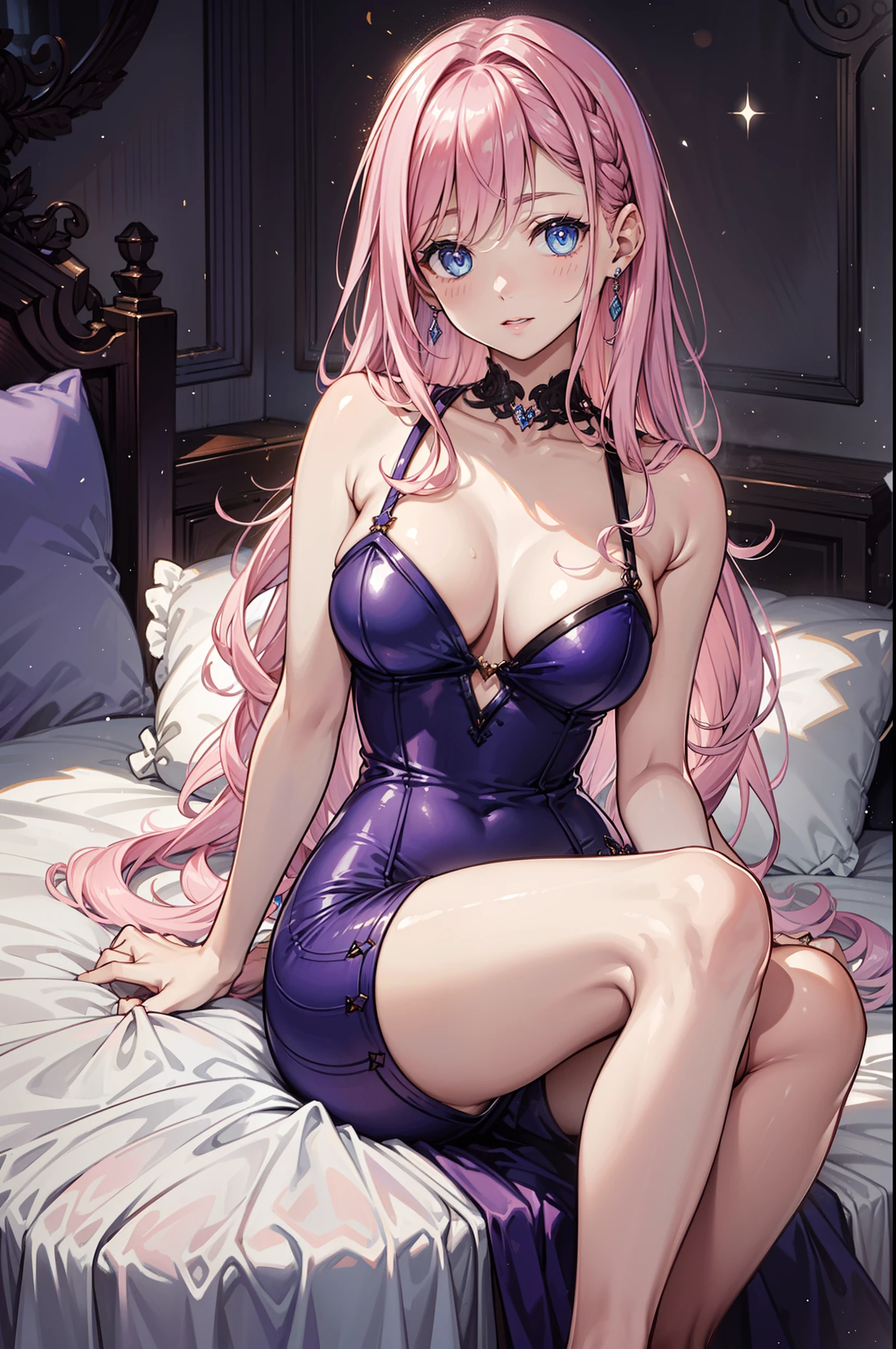 The combination of modern clothing makes it stylish and unusual,Ultra-detailed, ((Long pink wavy hair)),teens girl,Jewel-like sparkling blue eyes,She has earrings, She has full lips, Light purple-white transparent clothing,natta,She appeared in the bedroom of a luxury hotel,(Seductive pose),Add details to the decoration of the garment,highest quality,offcial art