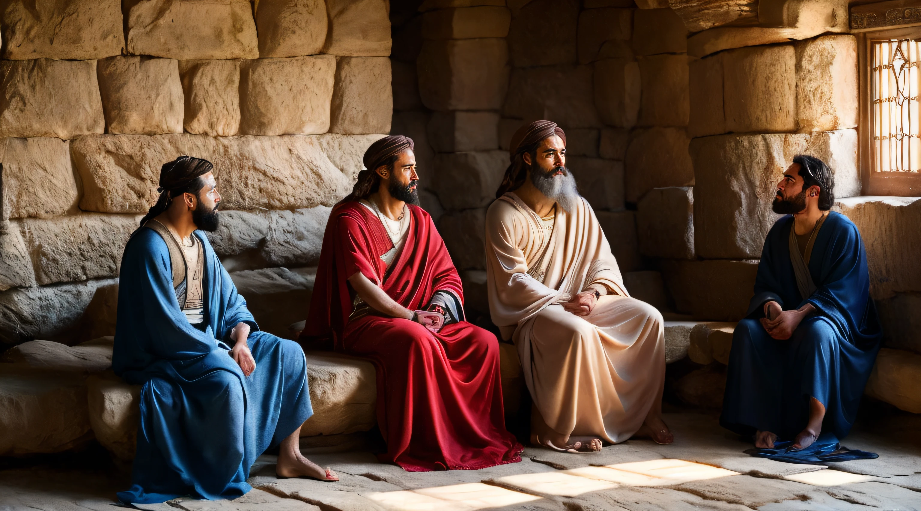 Ancient Israel、Biblical times、1st century、(((The disciples listen to the short-haired Christ)))、8K、Raw photography、top-quality、masterpiece:1.5、ultra-lightweighthigh-resolution、Photorealsitic:1.5、ciinematic light、soft volumetric lighting:1.5、realisitic、Photorealsitic:1、Detailed skin、profetional lighting、a picture、foco nítido、detaileds、profetional lighting、photon maping、detailed and intricate environment、ighly detailed、top-quality、Artistic photography、photorrealistic concept art、soft natural volumetric cinematic perfect light、Midjourney、Detailed hand、