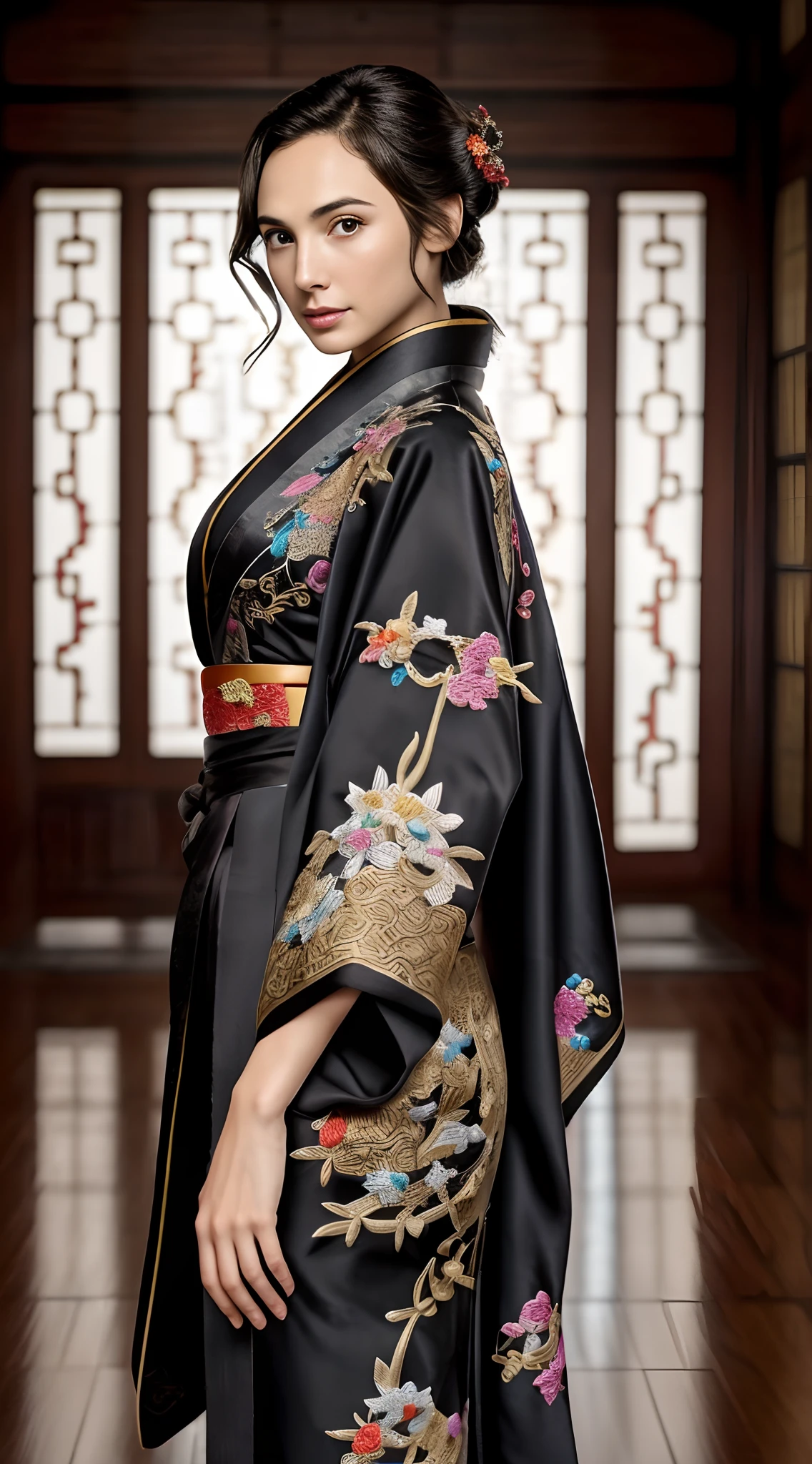 Gal Gadot, woman , wonder women，Perfect eyes, Beautiful face，pale brown hair, short detailed hair, bobo head, side parted hair,Background of details(Concert Hall),Break ,exquisite costumes(Luxury kimono(black kimono(Detailed Embroidery))),Break,,(Play the guzheng:1.2),Break,Wallpapers 16K,Fine background,(masutepiece:1.5), (Best quality:1.5),Correct anatomy，Correct bodies，