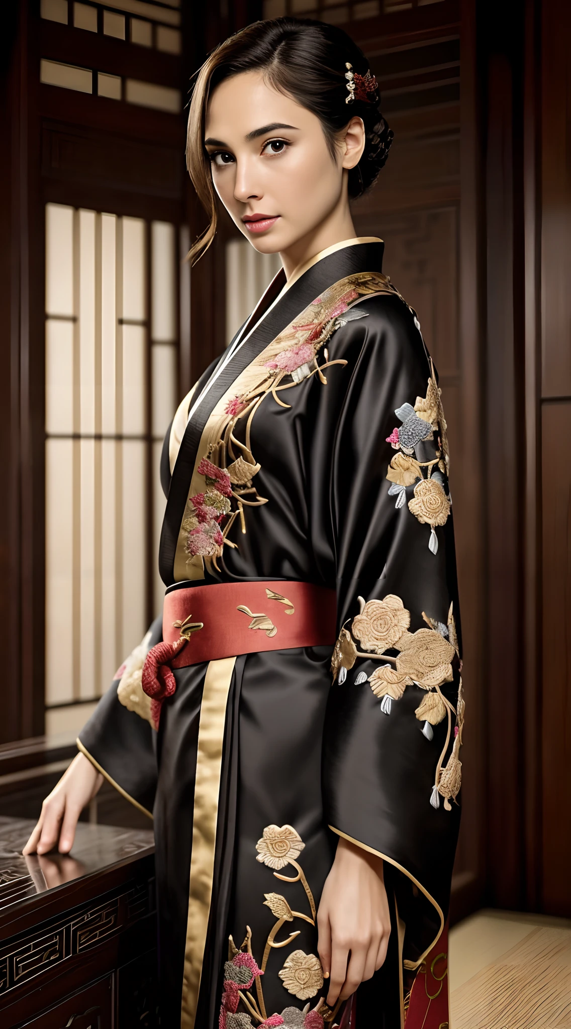 Gal Gadot, woman , wonder women，Perfect eyes, Beautiful face，pale brown hair, short detailed hair, bobo head, side parted hair,Background of details(Concert Hall),Break ,exquisite costumes(Luxury kimono(black kimono(Detailed Embroidery))),Break,,(Play the guzheng:1.2),Break,Wallpapers 16K,Fine background,(masutepiece:1.5), (Best quality:1.5),Correct anatomy，Correct bodies，