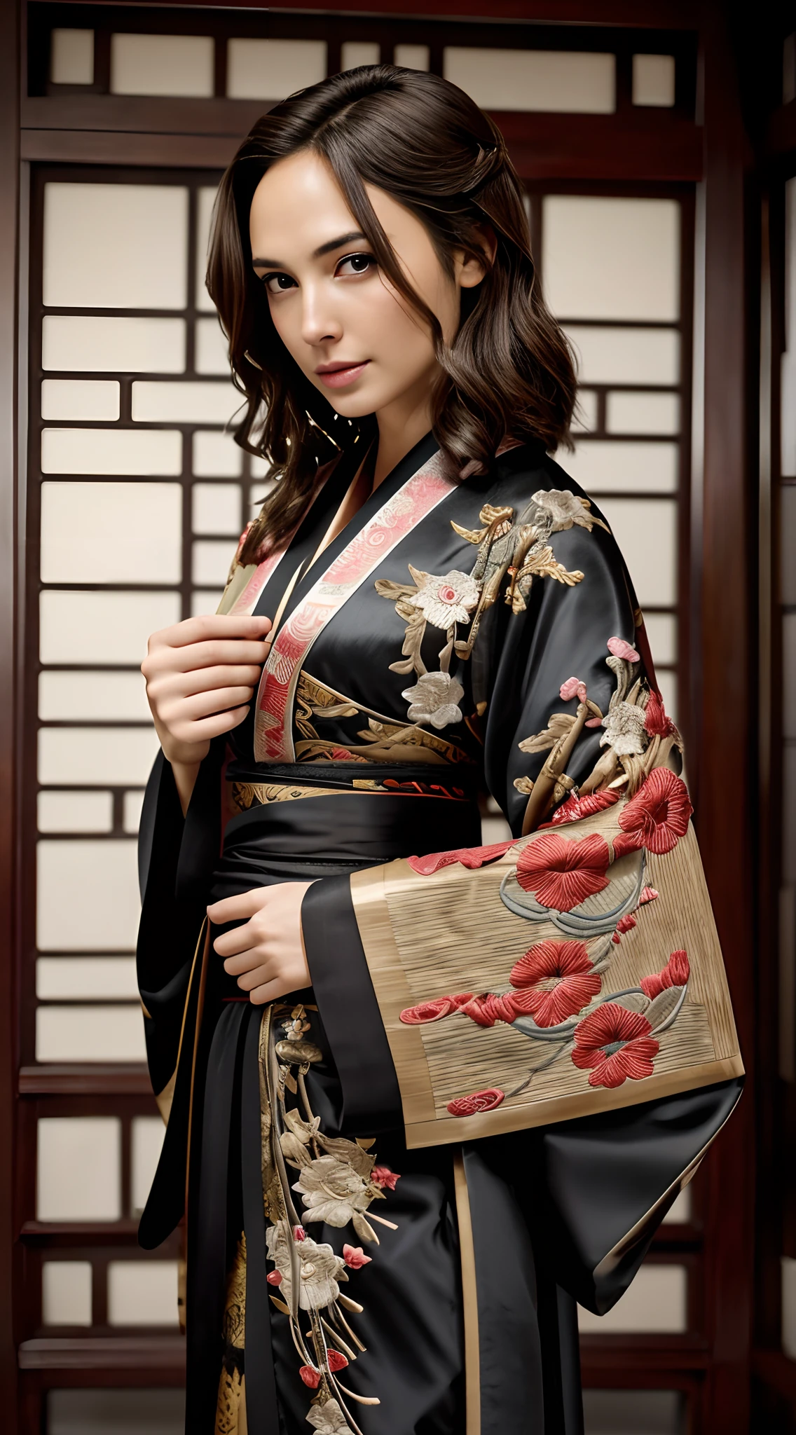 Gal Gadot, woman , wonder women，Perfect eyes, Beautiful face，pale brown hair, short detailed hair, bobo head, side parted hair,Background of details(Concert Hall),Break ,exquisite costumes(Luxury kimono(black kimono(Detailed Embroidery))),Break,,(Play the guzheng:1.2),Break,Wallpapers 16K,Fine background,(masutepiece:1.5), (Best quality:1.5),Correct anatomy，Correct bodies，