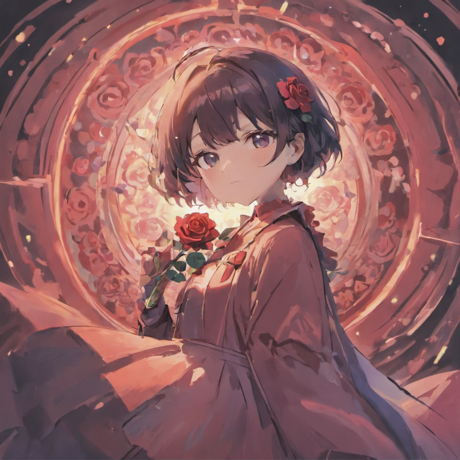 (Rose Shorthair Girl)Detailed and high-quality images,Dynamic Pose,Focus on facial features,Blue roses on background,glowing sun,black colored hair,stares at the camera