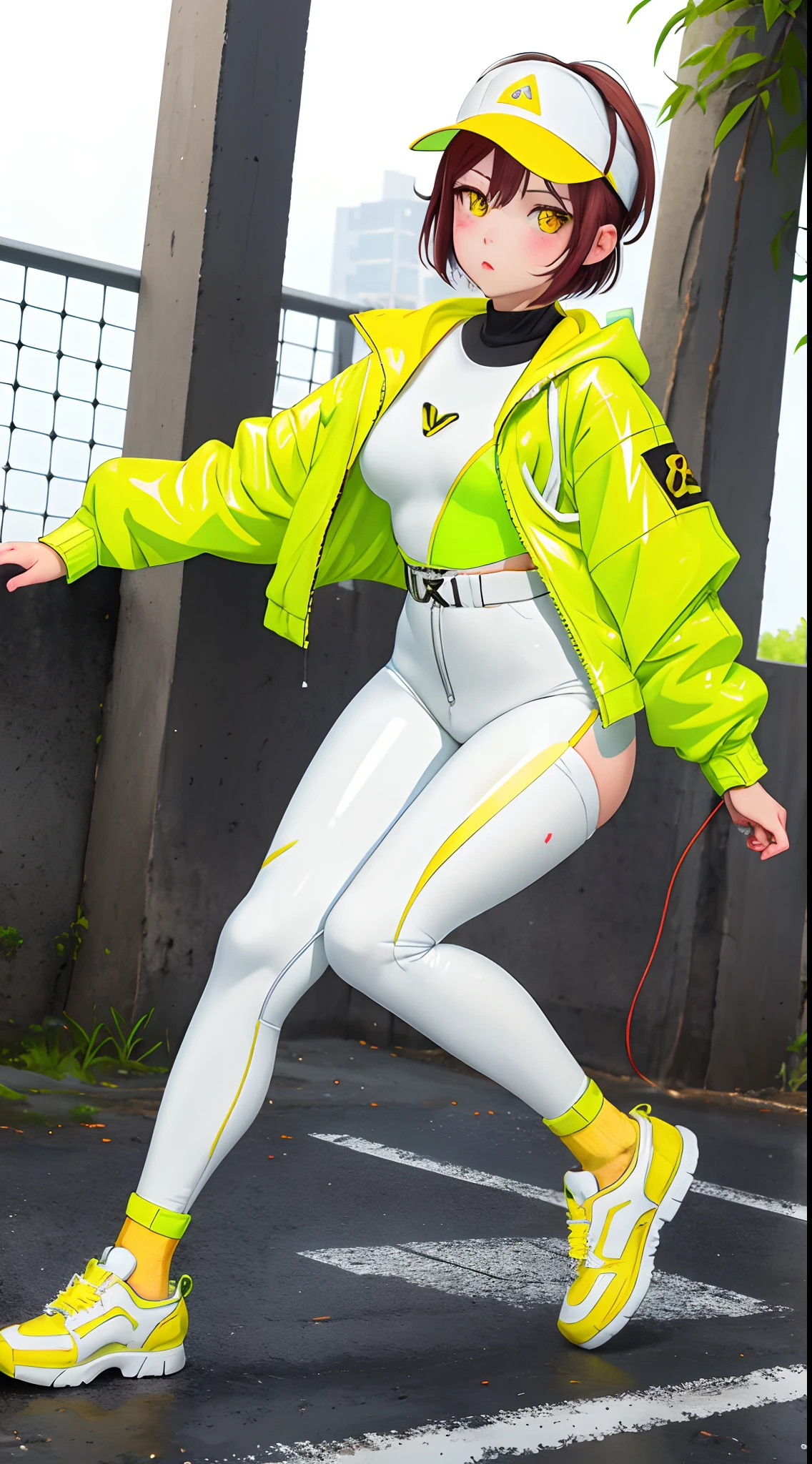 1girl, solo, white background, sakurauchi riko ,wattson, masterpiece, highly detailed, yellow eyes,(thicc legs:0.8), (thicc hip:0.8),(thin waist:1.1), (from side:0.76), short hair, Fluorescent green jacket, Rubber Gloss, white rubber skinsuit, Yellow skateboard shoes,  white pants, blush, plain background