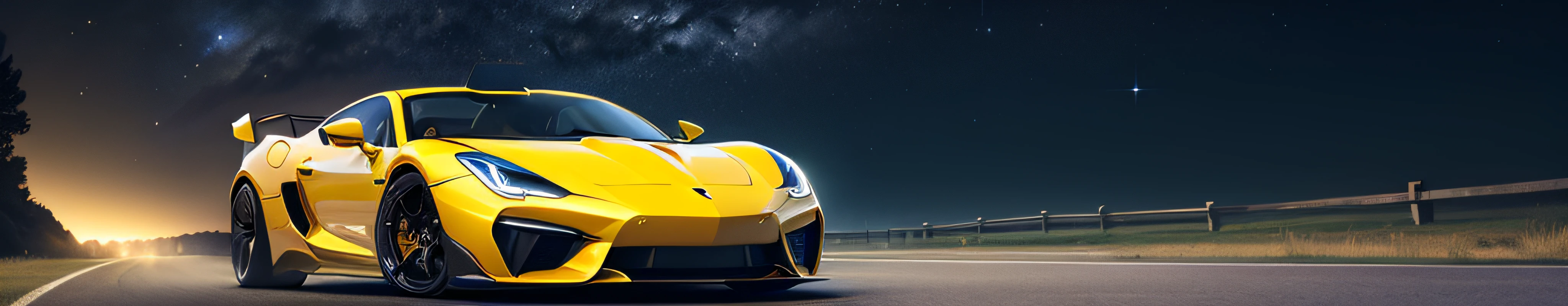 A yellow sports car hurtles under the stars,Beautiful surroundings