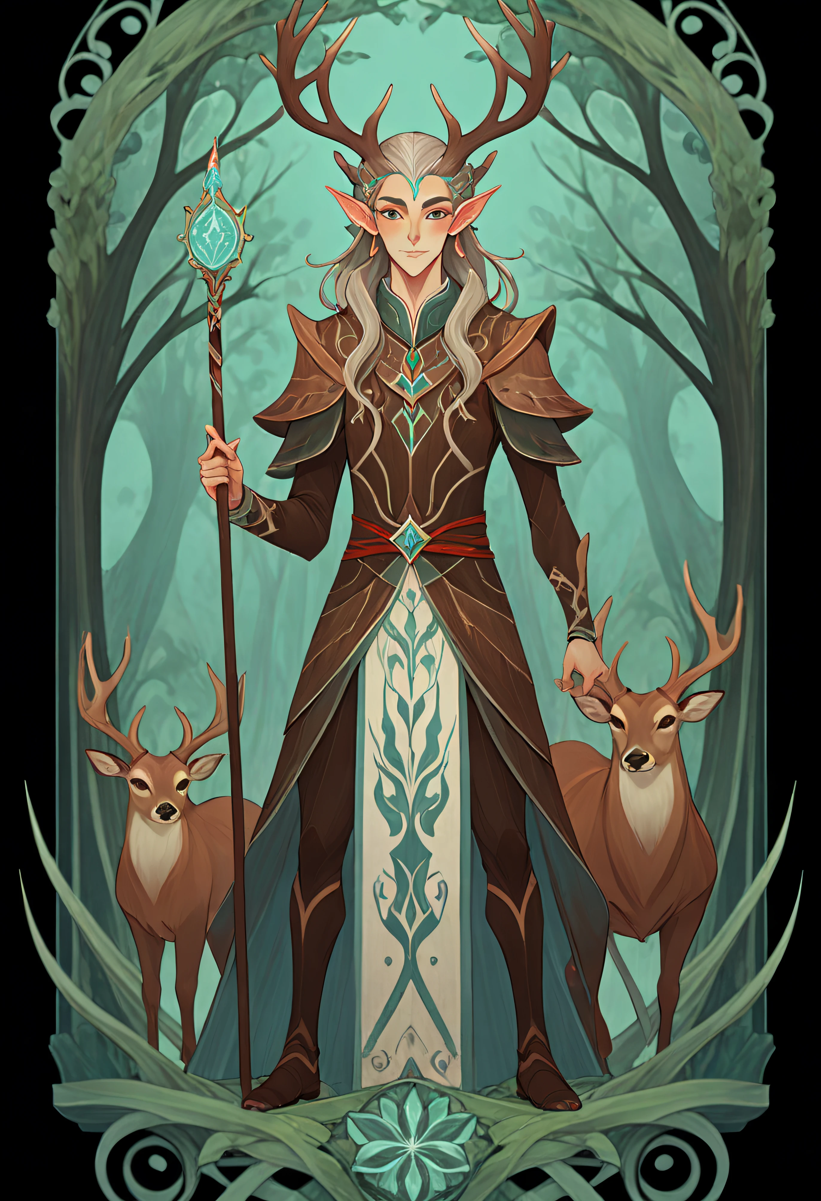 Full-length portrait of 1 boy, elf prince, a druid, deer antlers, Full body standing painting, A sika deer, (((独奏))), Clear facial features, Simple line design, ((tarot card background, symmetric beauty)), perfectly symmetrical, The art of symmetry, Standing drawings of characters, ((flatcolors)), tmasterpiece，top Quority，best qualtiy，超高分辨率, ((Clear facial features，beautidful eyes，beauitful face, Exquisite facial features))