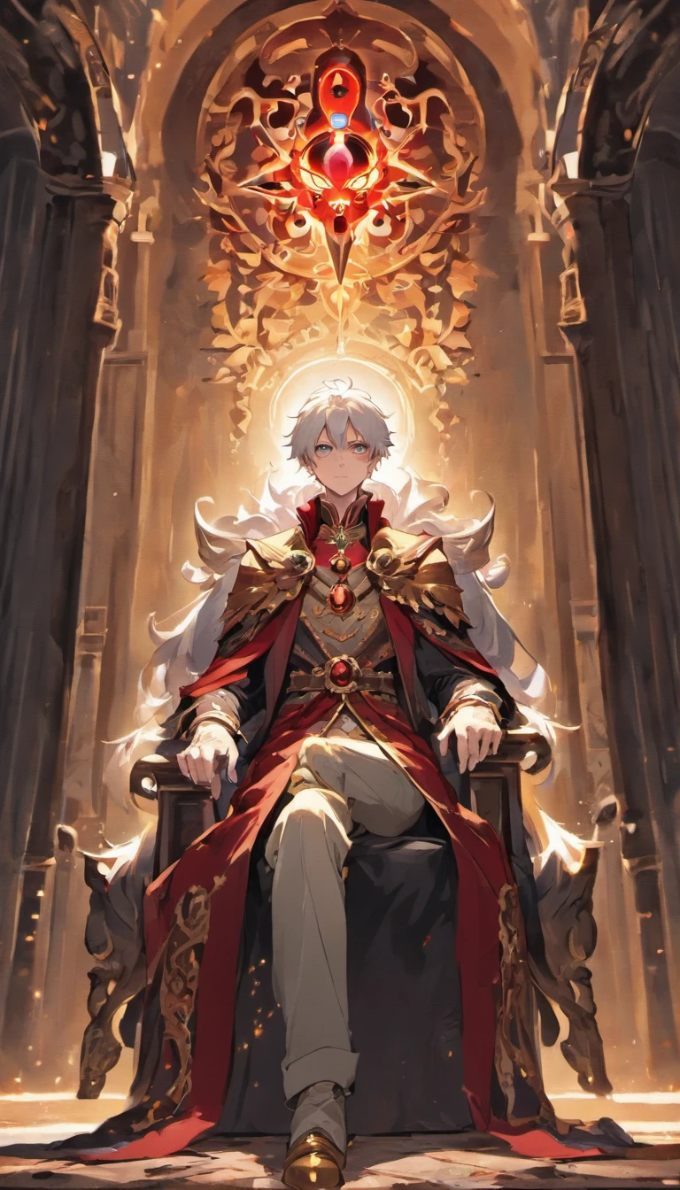 A white-haired, red-eyed prince sits on a majestic throne inside an abandoned palace. The environment around him is dark and gloomy, with cracks in the walls and cobwebs hanging there. The throne is ornate, with details in gold and precious stones, and is covered by a dusty cloth. The protagonist is wearing royal clothing, with a determined expression on his face, as he stares at the horizon with glowing red eyes